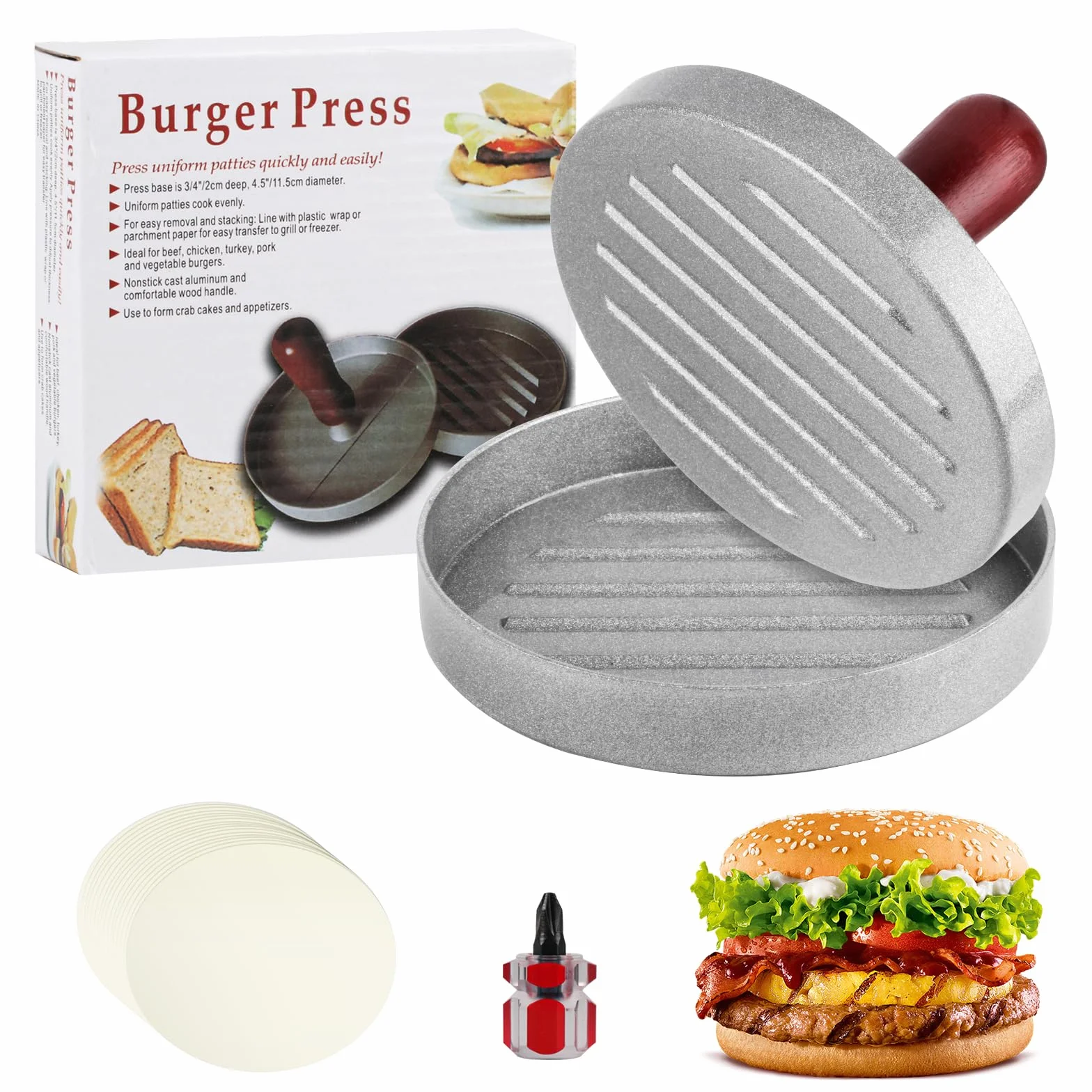 Prasa do burgerów, prasowarka do hamburgerów, forma do tworzenia kotletów, aluminumowy nieprzywierający twórca hamburgerów dla BBQ, zestaw z 100 arkuszy papieru silikonowego i śrubokrętem