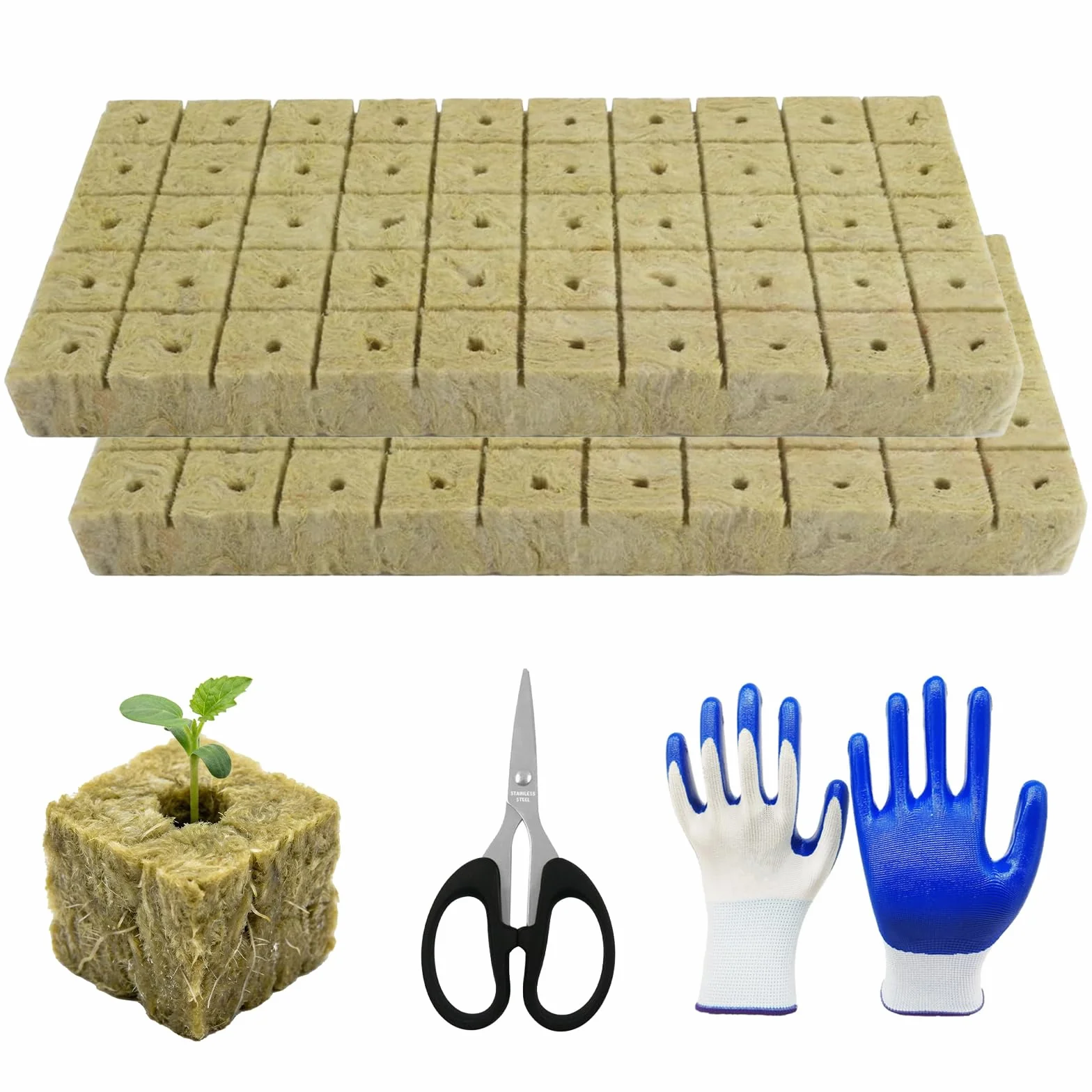 100 sztuk wełny mineralnej, 25 x 25 x 25 mm, Rockwool Cube z nożyczkami, rękawice, Easy Plug kostki do uprawy wełny kamiennej, zestaw do uprawy sadzonek, sadzonek, bezdennych