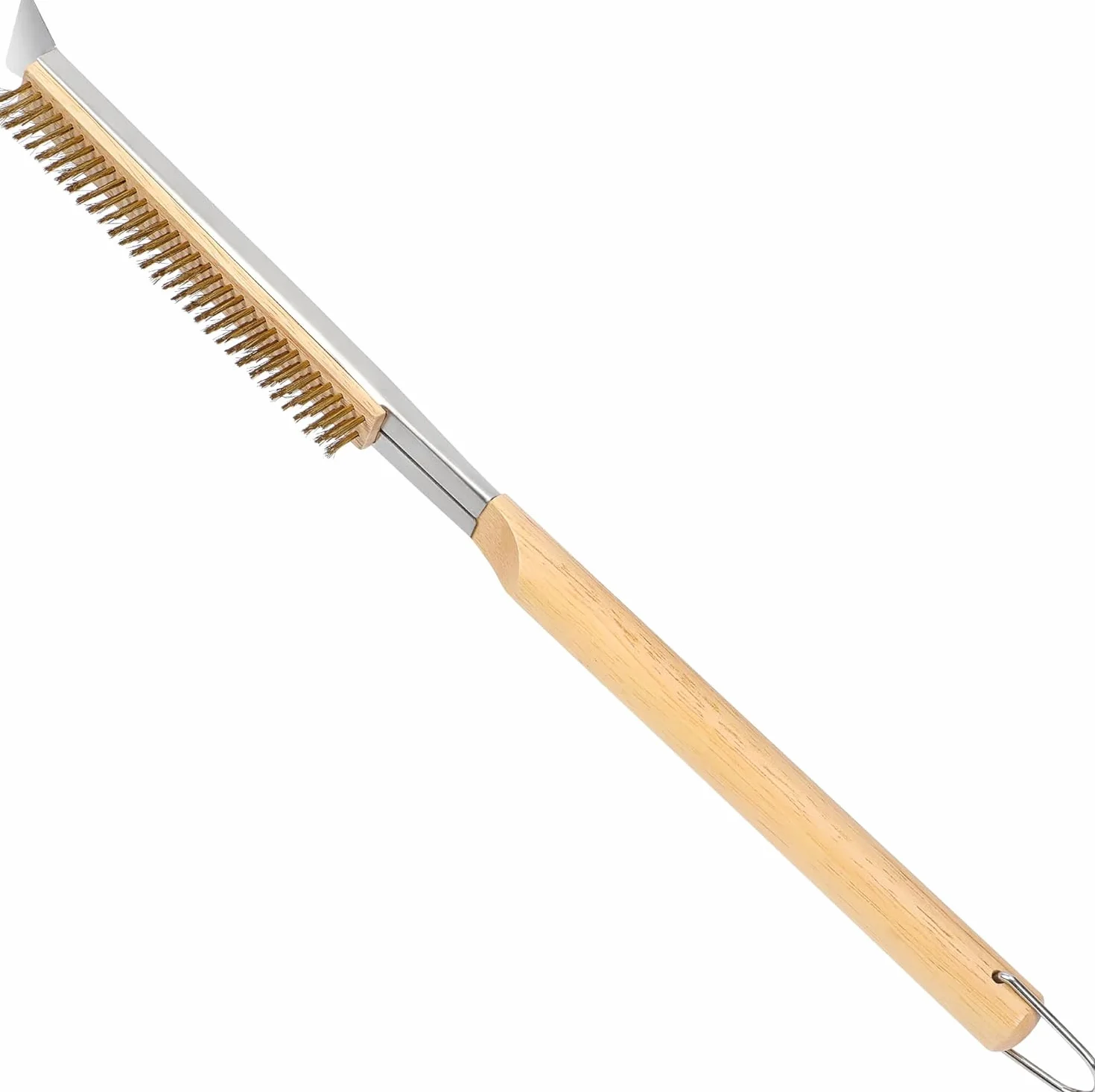 Szczotka do pieczenia pizzy ze skrobakiem ze stali nierdzewnej – mosiężne włosie, uchwyt drewniany, pierścień do zawieszenia – akcesoria do pieca do pizzy Ooni, Gozney, Blackstone i kamieni do