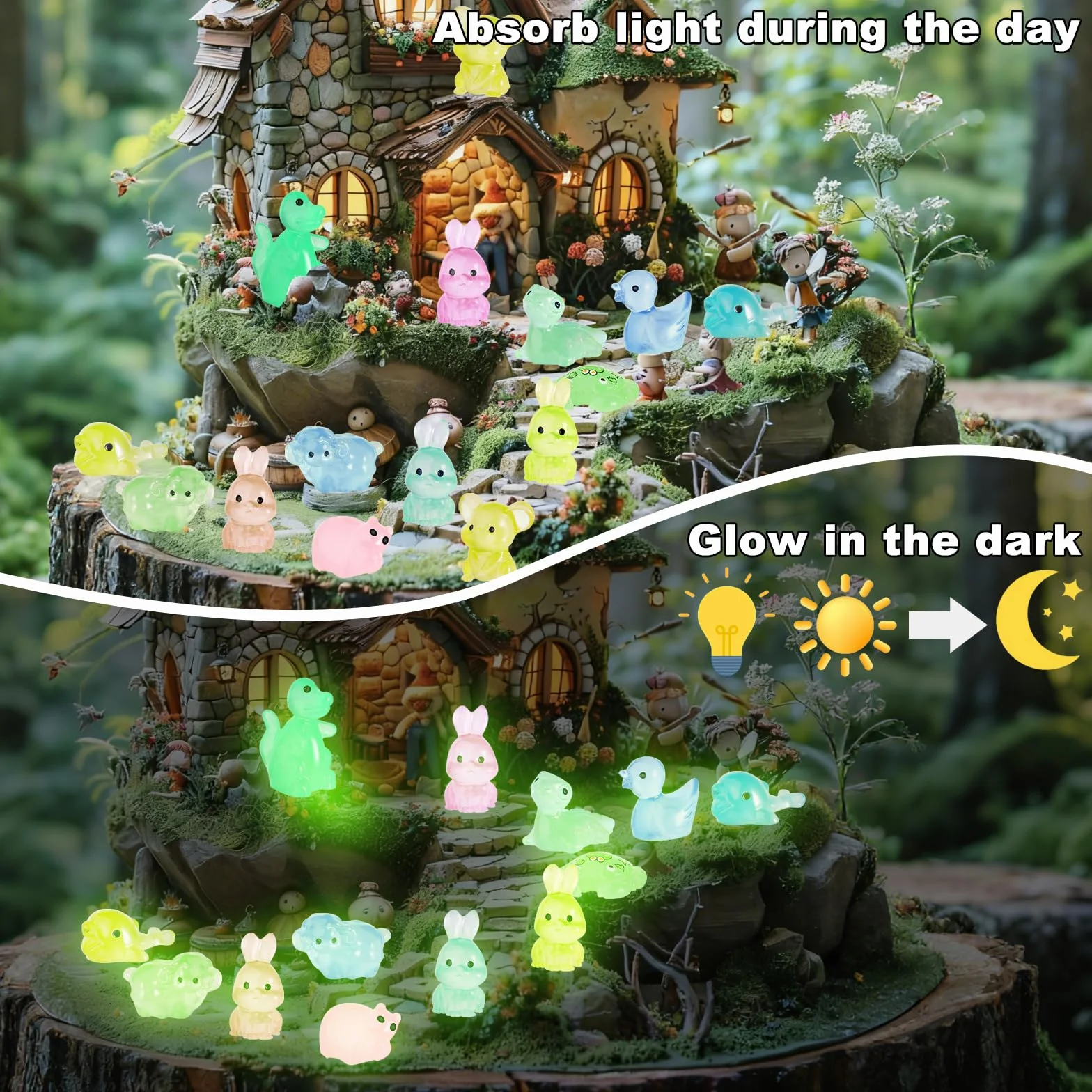 60 sztuk mini świecących zwierząt, małe figurki zwierząt, mini figurki z żywicy, kolorowe małe figurki zwierząt do miniaturowych ogrodów krajobrazowych, bonsai, basenów rybnych i akwariów