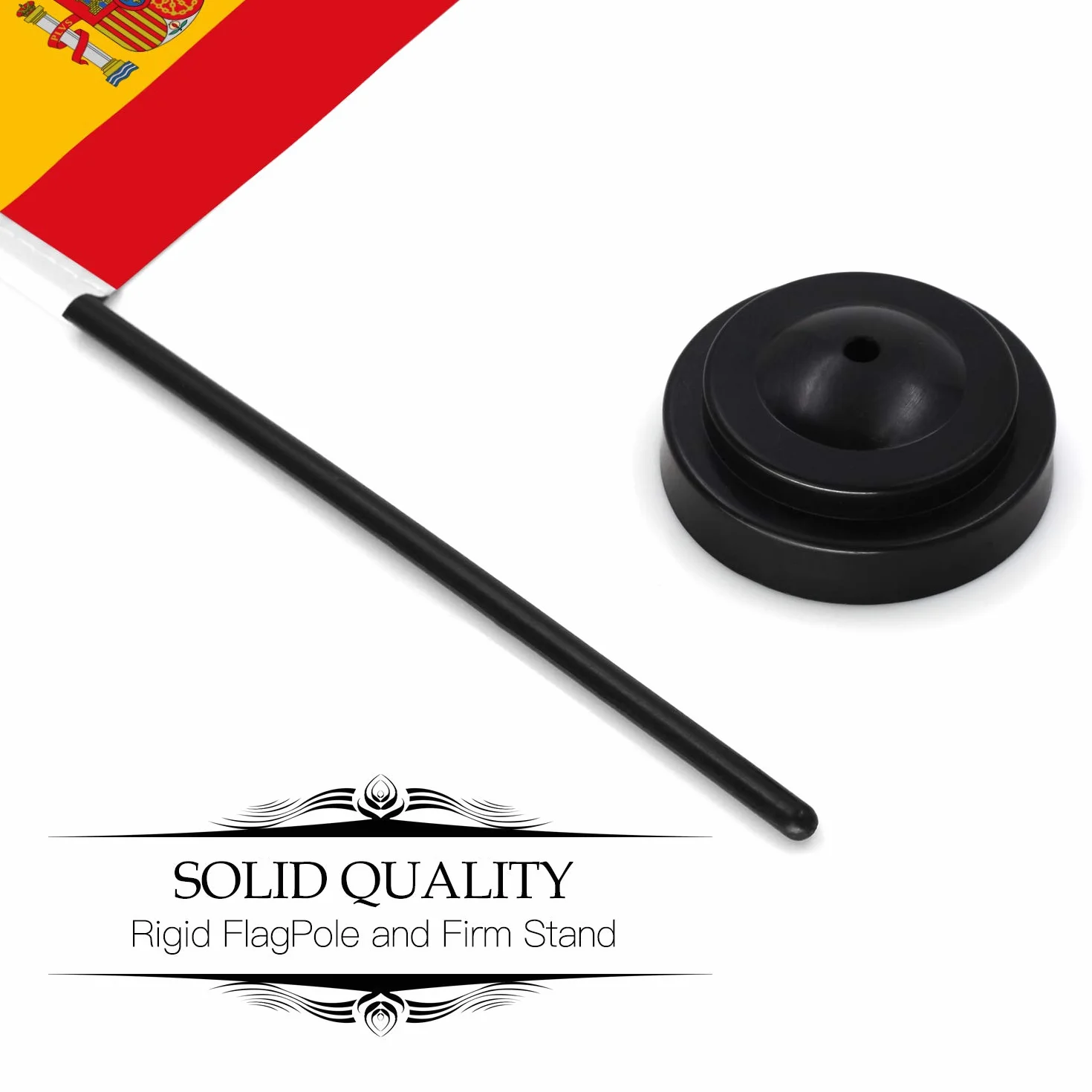 ANLEY Hiszpania Deluxe zestaw flag na biurko - 6 x 4 cale hiszpańska miniaturowa flaga na biurko z 12-calowym solidnym masztem - żywy kolor i odporność na blaknięcie - czarna podstawa i grot
