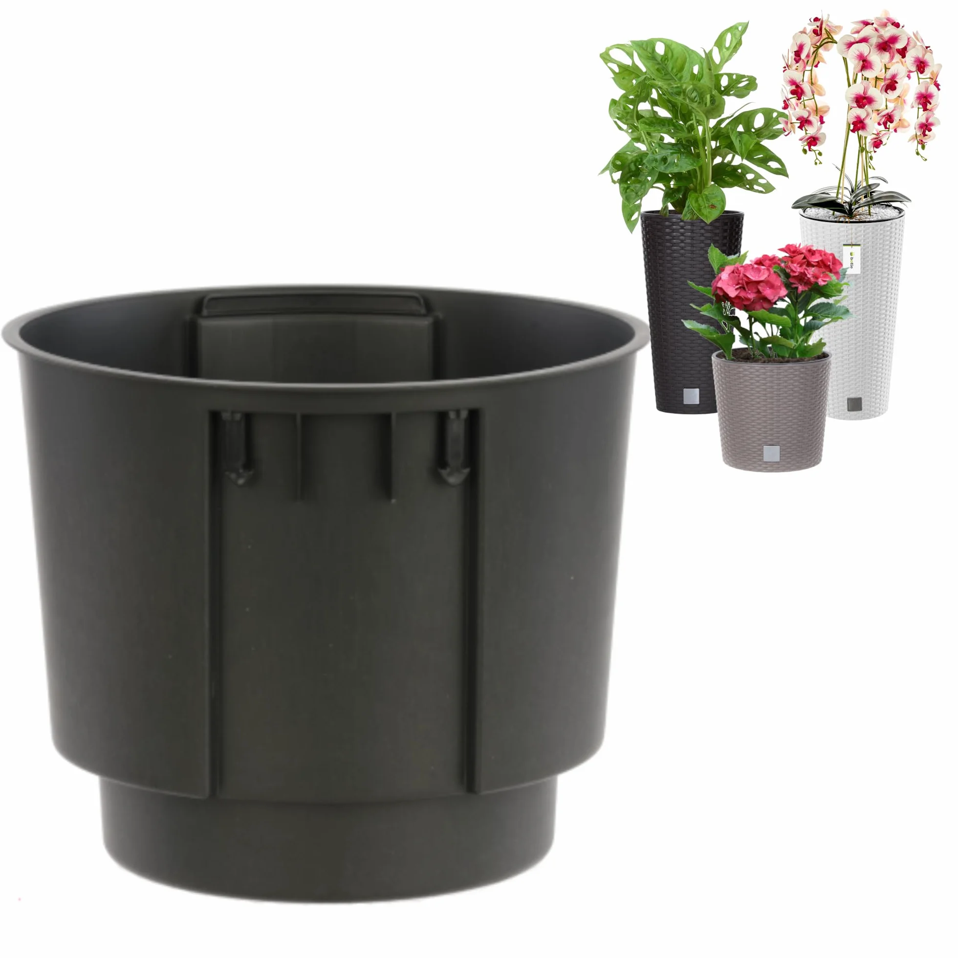 Wymienna wkładka do doniczki, wkład do doniczki, okrągła doniczka, czarna, Ø 28 cm, wys. 25 cm, 15 l, z uchwytami do doniczki Prosperplast H 27 cm i wys. 57 cm – do użytku na zewnątrz i wewnątrz,