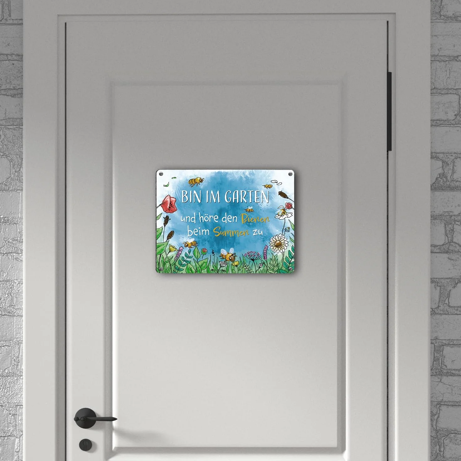 Jestem w ogrodzie metalowa tabliczka o wymiarach 15 x 20 cm z łąką kwiatową i pszczołami jako dekoracja ogrodu lub ogrodzenia ogrodowego na wiosnę