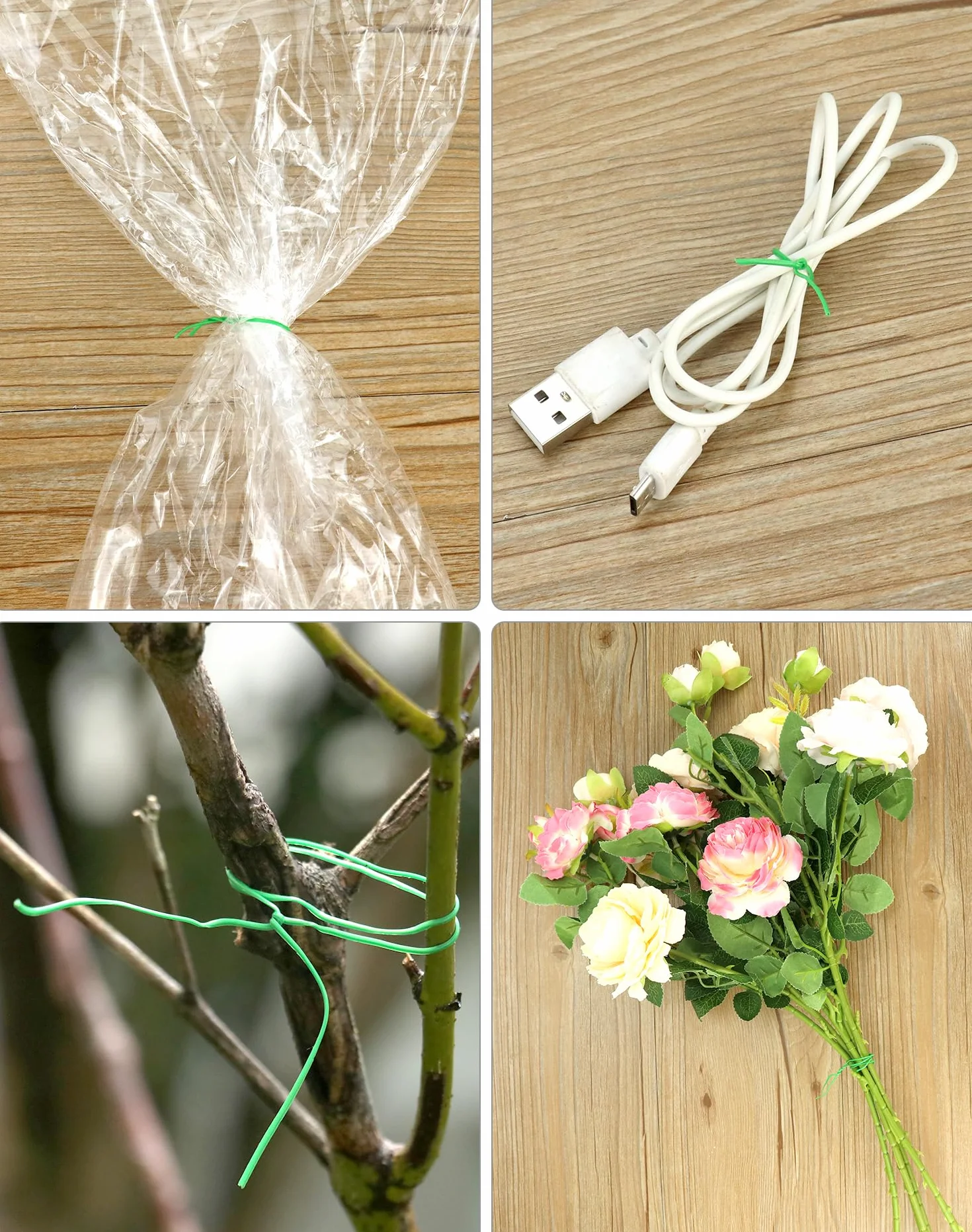 QWORK® Plant Wire Zielony drut wiążący z wbudowanym przecinakiem 200m do roślin, kwiatów, organizowania linii danych