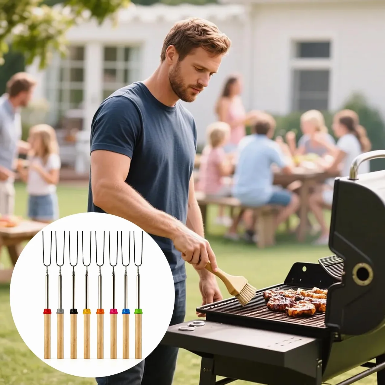 Szpikulce do grillowania ognisko, 8 sztuk, teleskopowe szpikulce ogniskowe, stal nierdzewna, 31-81 cm, szaszłyki do ogniska, chleba stockowego z izolowanymi uchwytami, akcesoria kempingowe i
