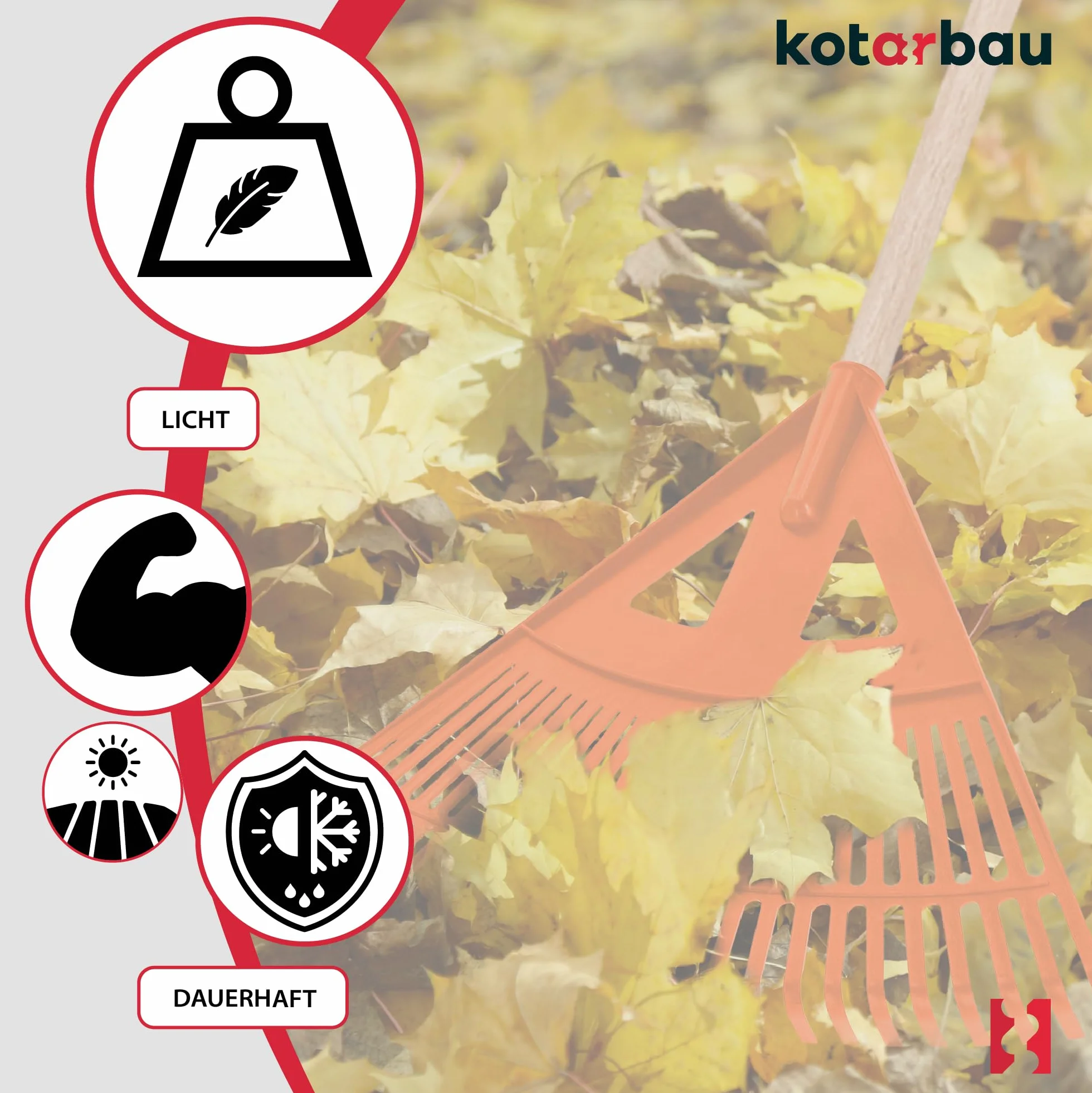 KOTARBAU® Grabie Wachlarzowe - 58 cm - Grabie do Liści Trawy - Plastikowe - Pomarańczowe - Drewniany Trzon