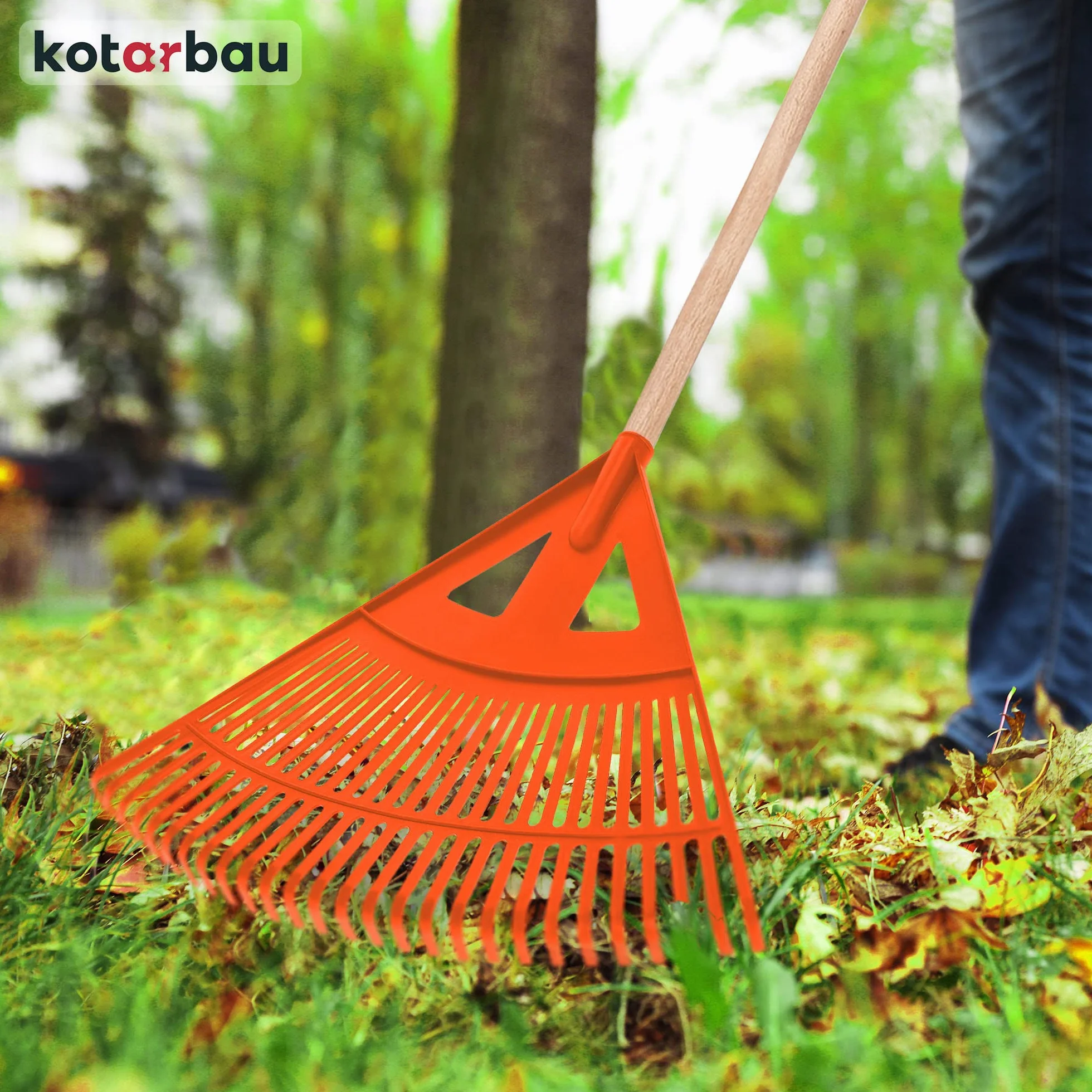 KOTARBAU® Grabie Wachlarzowe - 58 cm - Grabie do Liści Trawy - Plastikowe - Pomarańczowe - Drewniany Trzon