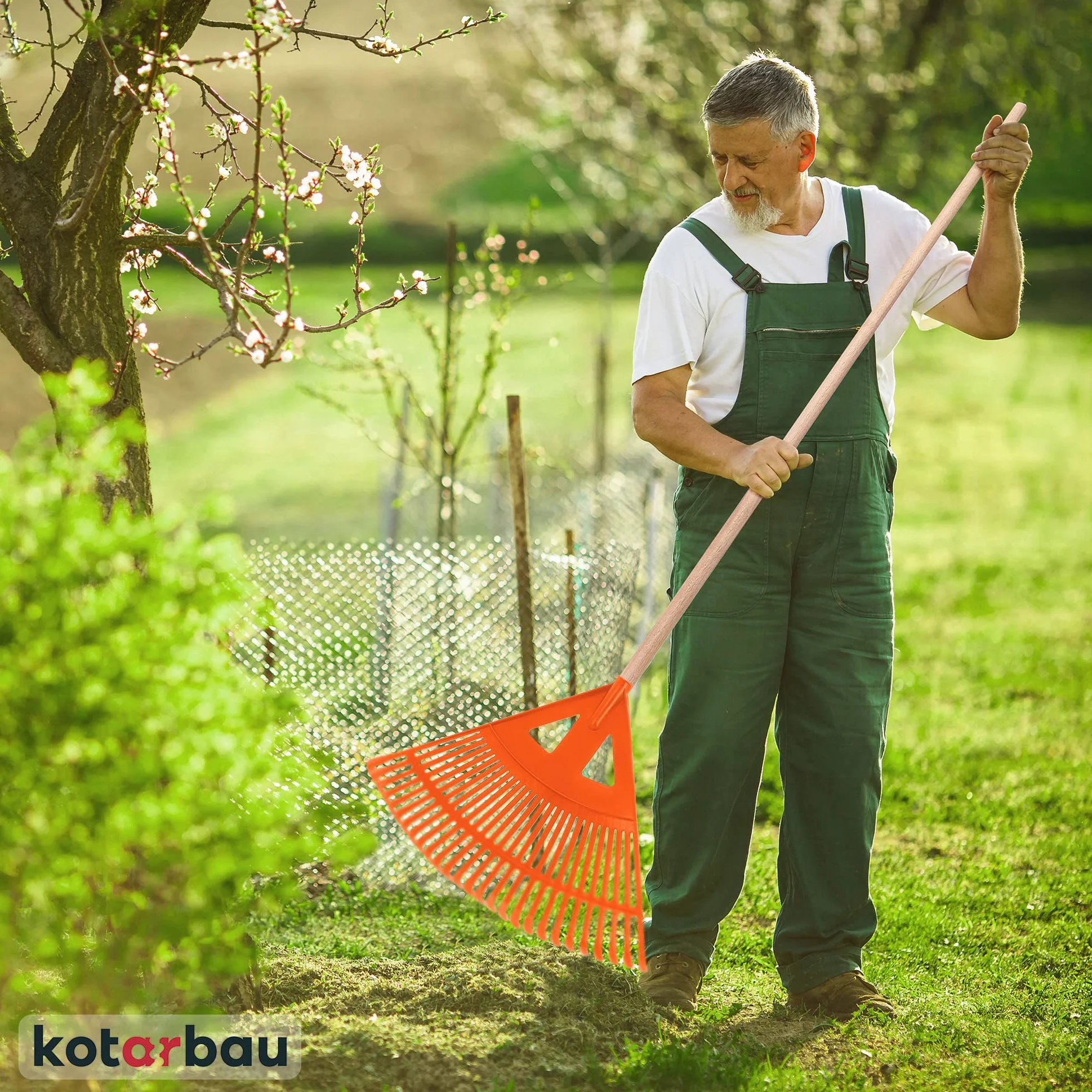 KOTARBAU® Grabie Wachlarzowe - 58 cm - Grabie do Liści Trawy - Plastikowe - Pomarańczowe - Drewniany Trzon