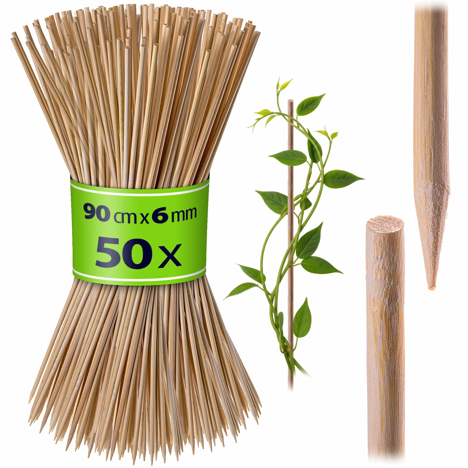 KADAX Drążki bambusowe, 90 cm x 6 mm, zestaw 50 sztuk, drewniane pręty do sadzonek, prętów kwiatowych, podpora do roślin pnących (naturalne)