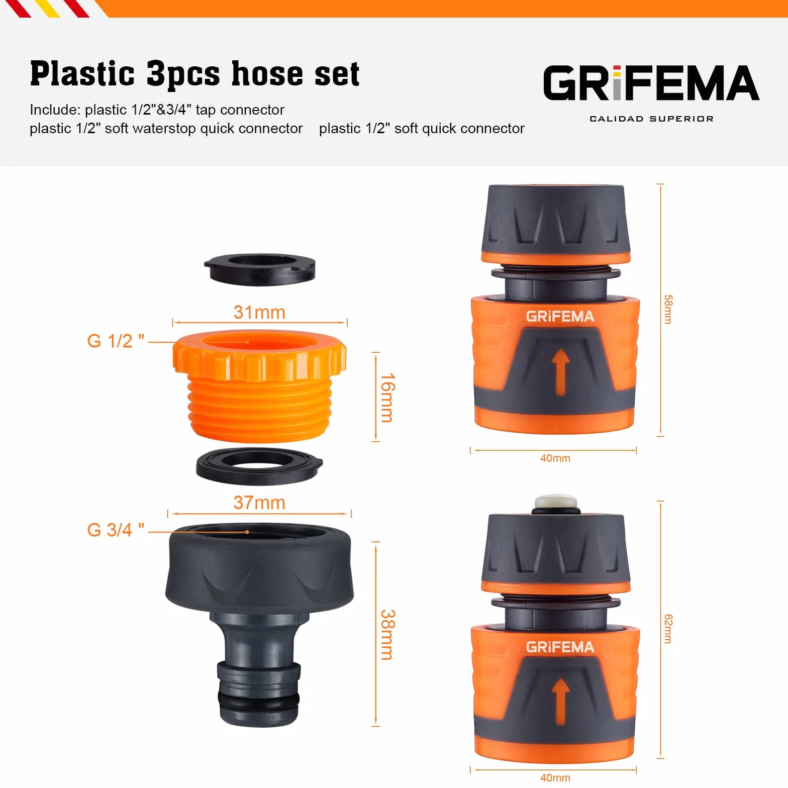 GRIFEMA GE1103 Zestaw złącza węża ogrodowego 1/2" 3/4" Premium Female