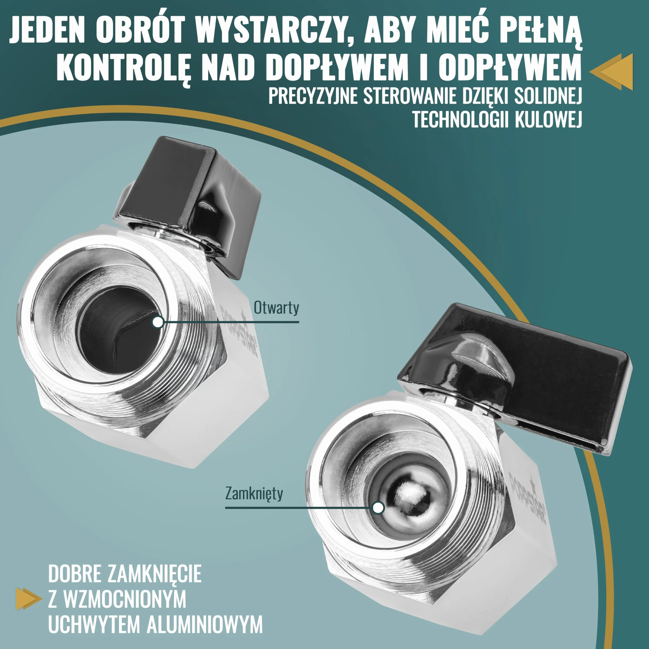 Poppstar mini kran kulowy 3/4 cala (gwint wewnętrzny 24,12 mm na gwint zewnętrzny 26,44 mm), mosiądz, chromowany