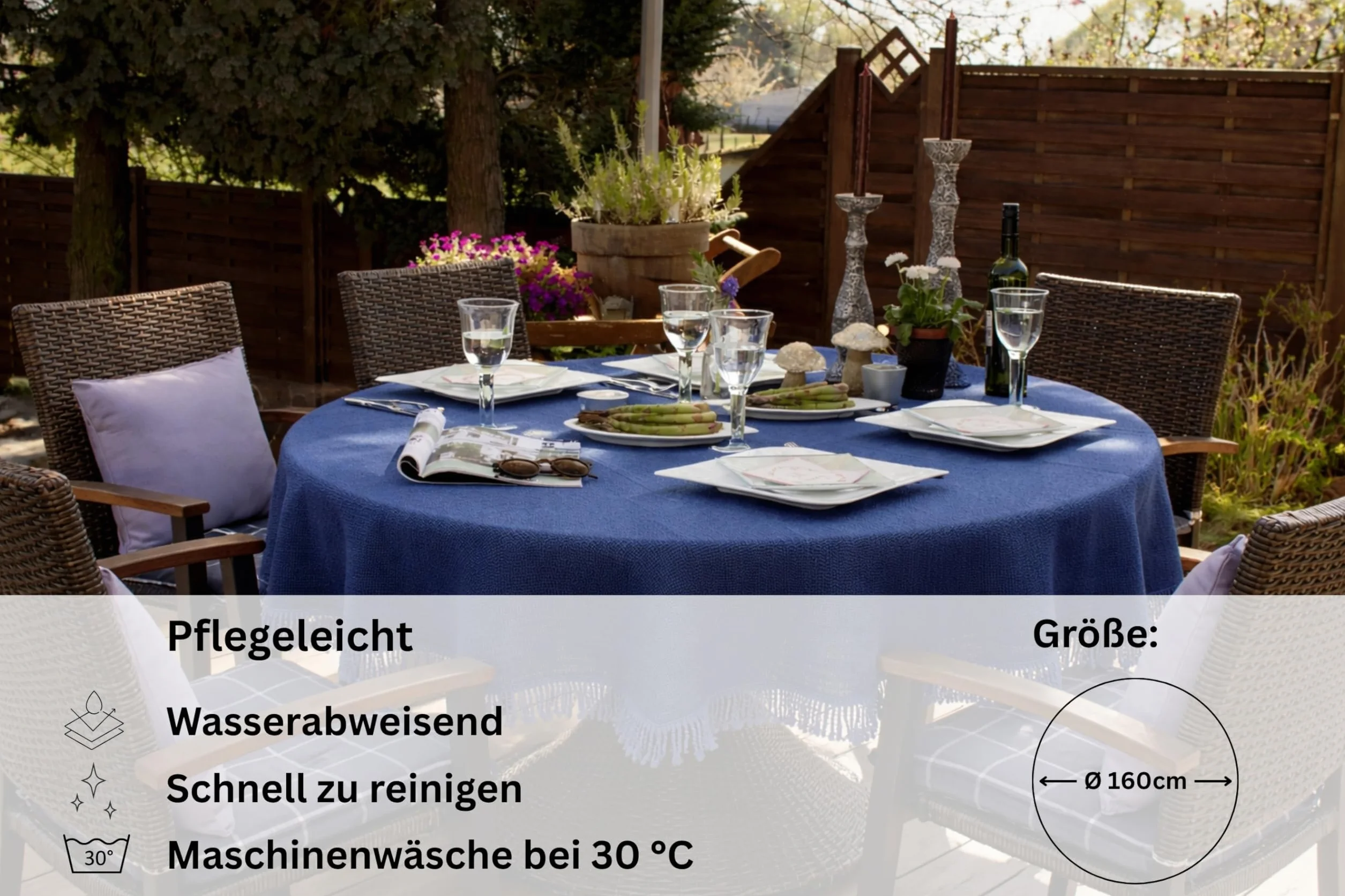 Obrus ogrodowy, odporny na warunki atmosferyczne, antypoślizgowy, obrus na balkon i kemping, okrągły obrus, 160 cm, niebieski