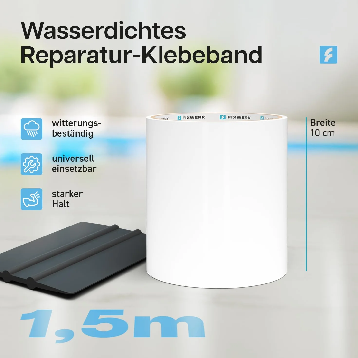 Zestaw naprawczy do basenu wraz z raklą | mocna, wodoszczelna taśma klejąca do uszczelniania basenów | samoprzylepna taśma uszczelniająca do wszystkich powierzchni basenów | 10 cm x 150 cm (kolor
