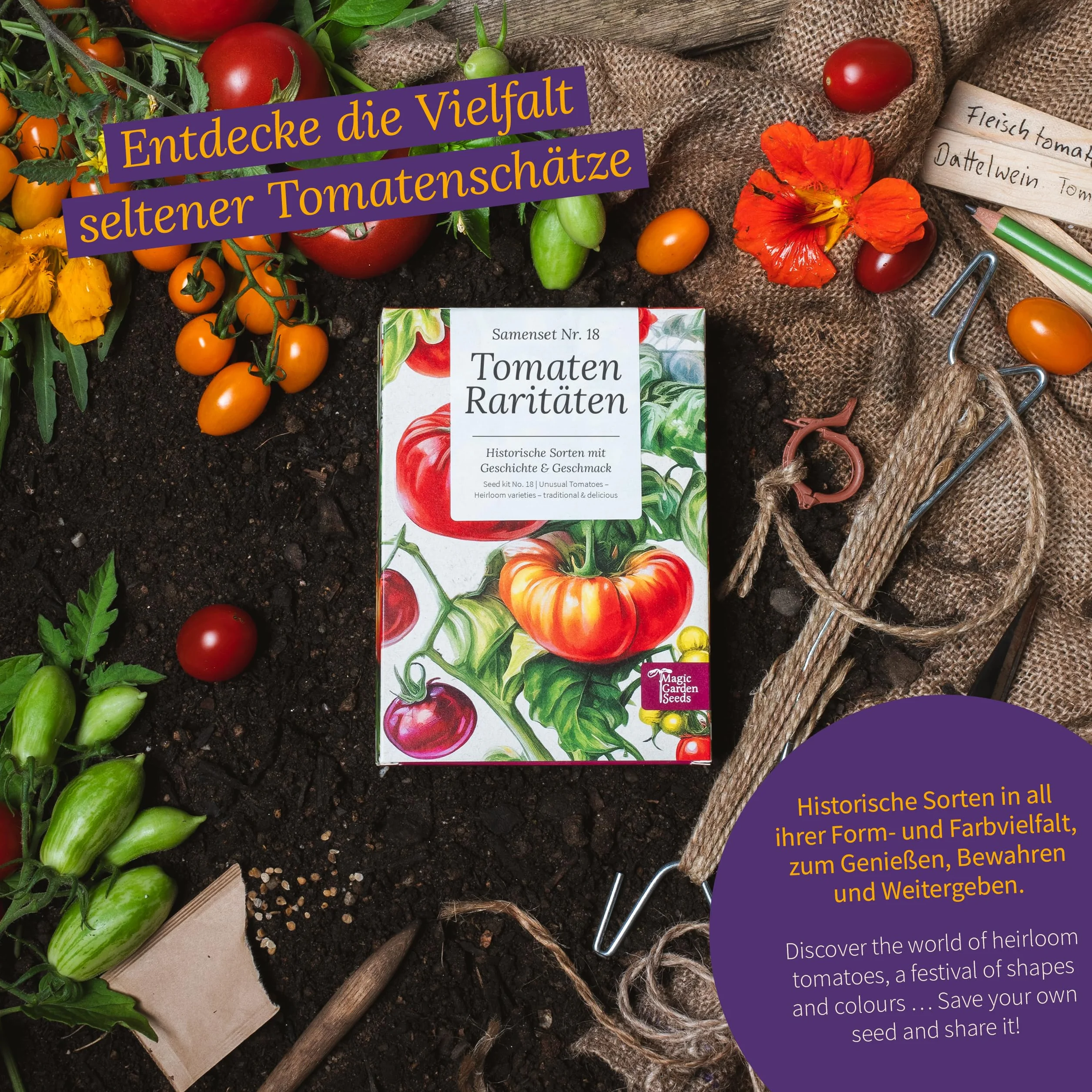 Magic Garden Seeds - Zestaw nasion rzadkich odmian pomidorów w pudełku z 9 historycznymi odmianami - kolorowe, aromatyczne i czyste w nasieniu pomidory do ogrodu, wysokiej grządki i doniczki - z