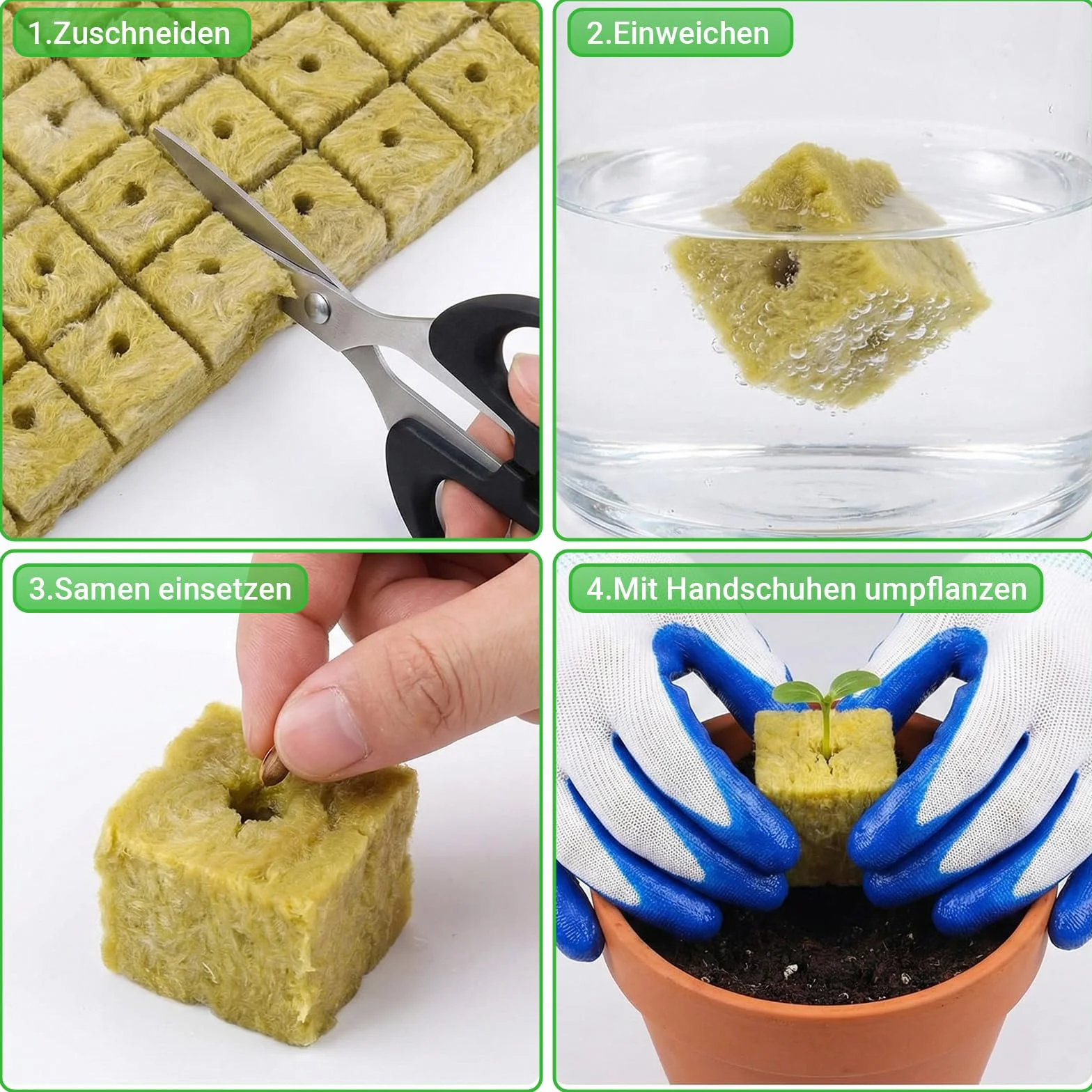 100 sztuk wełny mineralnej, 25 x 25 x 25 mm, Rockwool Cube z nożyczkami, rękawice, Easy Plug kostki do uprawy wełny kamiennej, zestaw do uprawy sadzonek, sadzonek, bezdennych