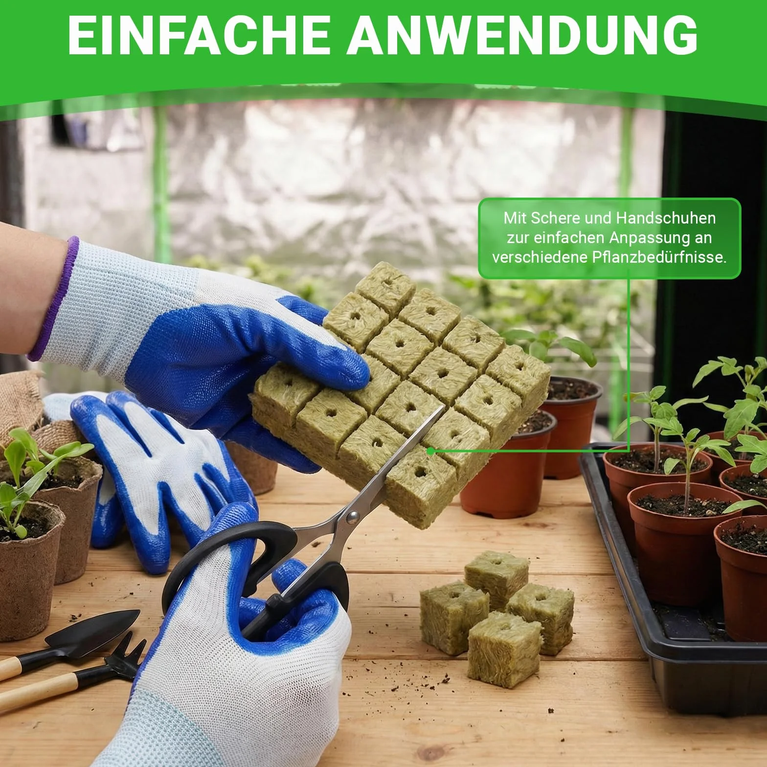 100 sztuk wełny mineralnej, 25 x 25 x 25 mm, Rockwool Cube z nożyczkami, rękawice, Easy Plug kostki do uprawy wełny kamiennej, zestaw do uprawy sadzonek, sadzonek, bezdennych