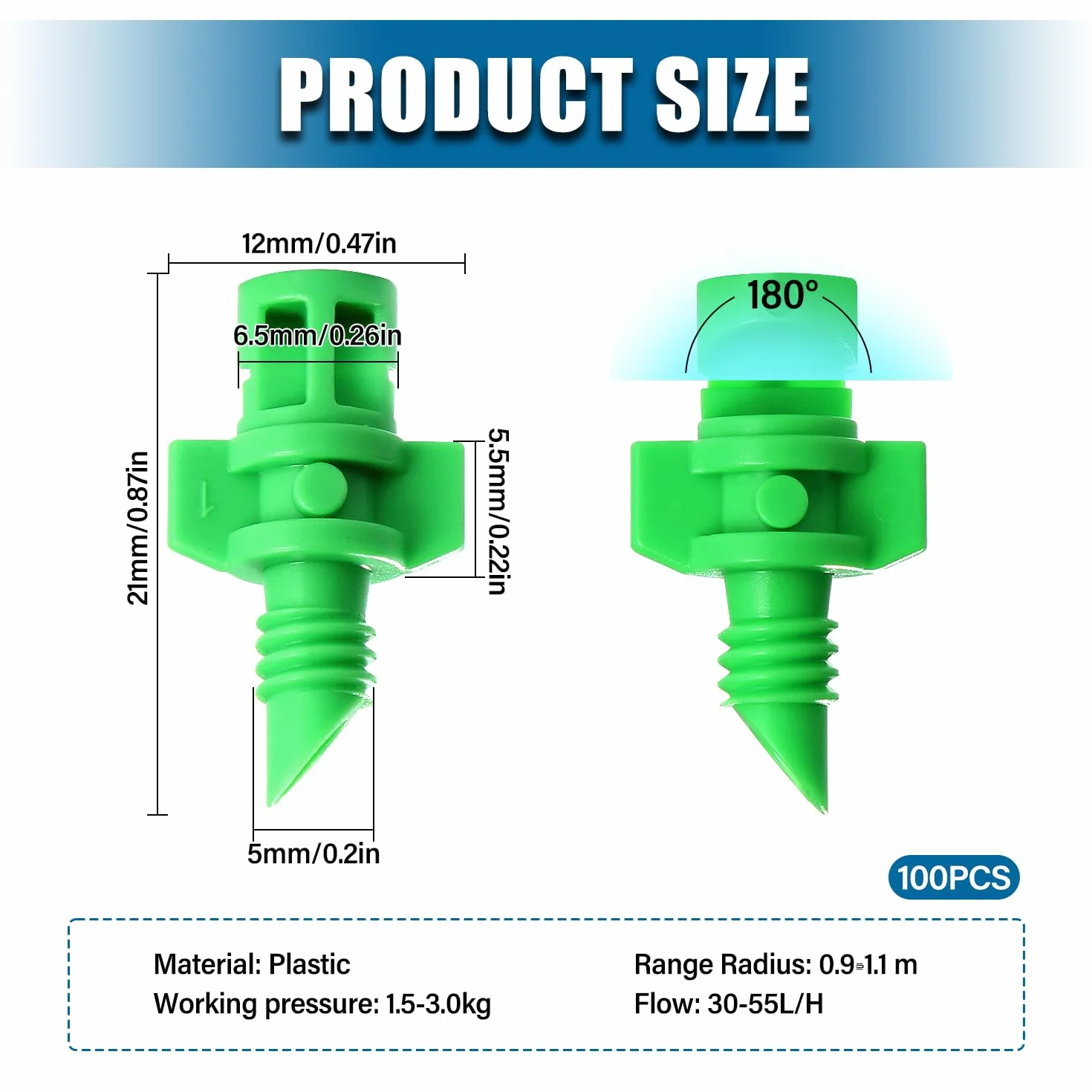 VooGenzek 100 Sztuk Mini Dysze Mikro Opryskiwacze, 180 Stopni Mikro Dysza Mgły Wodnej Zraszacz System Nawadniania, Zraszacz Ogrodowy Dysza Natryskowa, do Hydroponicznego Nawadniania Ogrodu