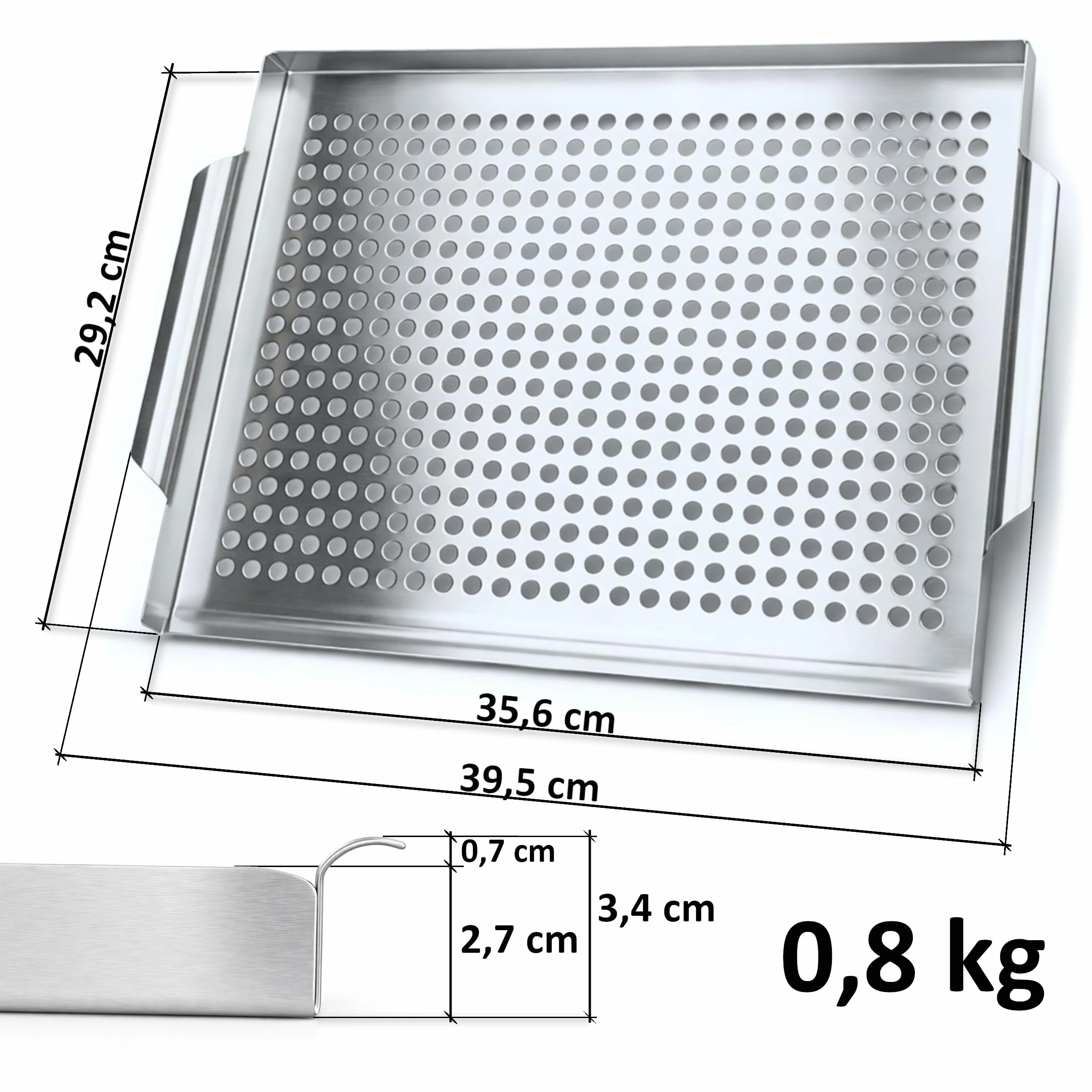 Taca do grilla ze stali nierdzewnej 40x29 cm, Tacka grillowa na warzywa ryby mięso owoce morza, Perforowana płyta z uchwytami do grilla węglowego, wielokrotnego użytku, 0,8 kg