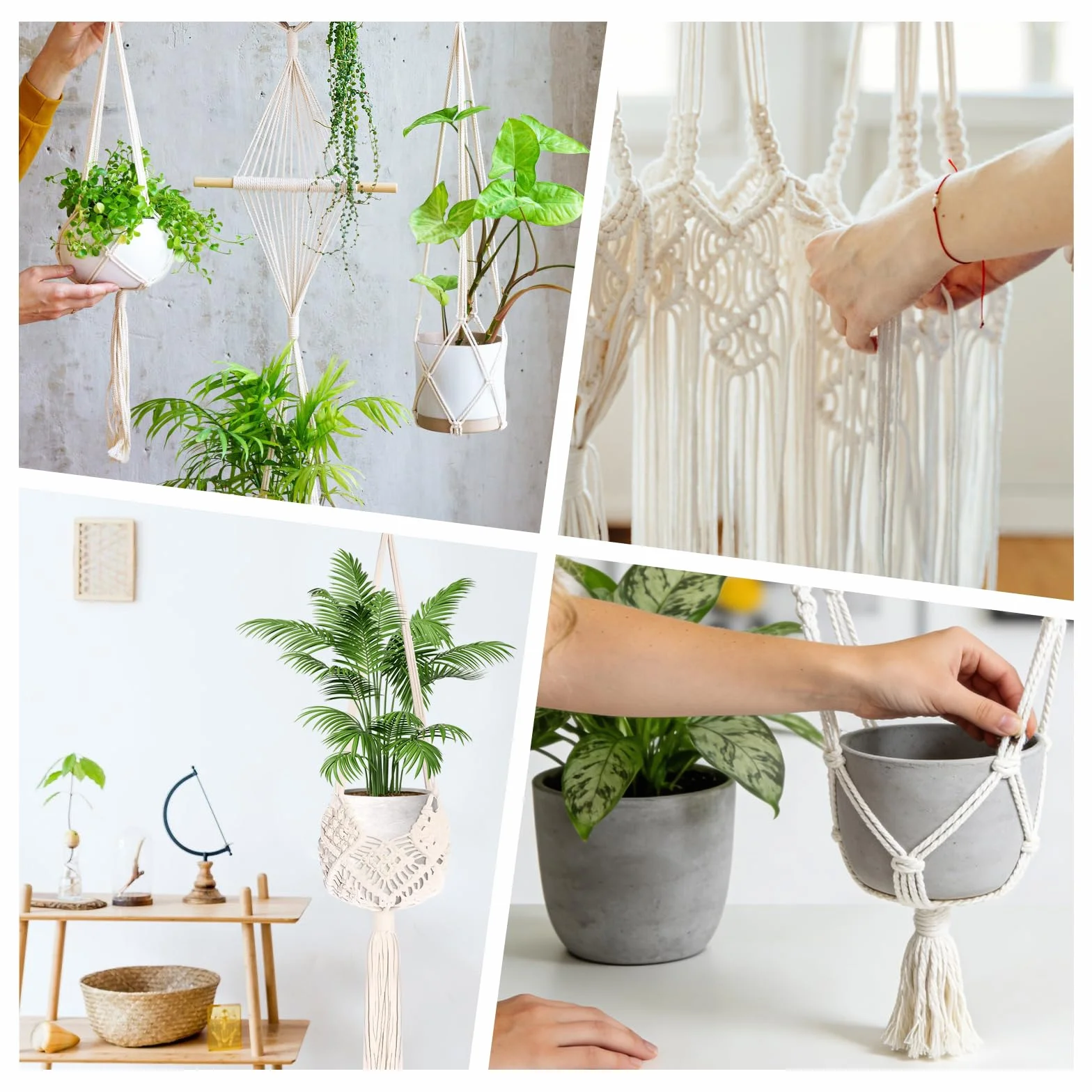 AKONE Makrama, wisząca wisząca makrama, makrama, dekoracja ścienna z haczykami, doniczka wisząca na rośliny, styl boho, wisząca doniczka do ogrodu, na balkon, dekoracja ścienna, 4 sztuki