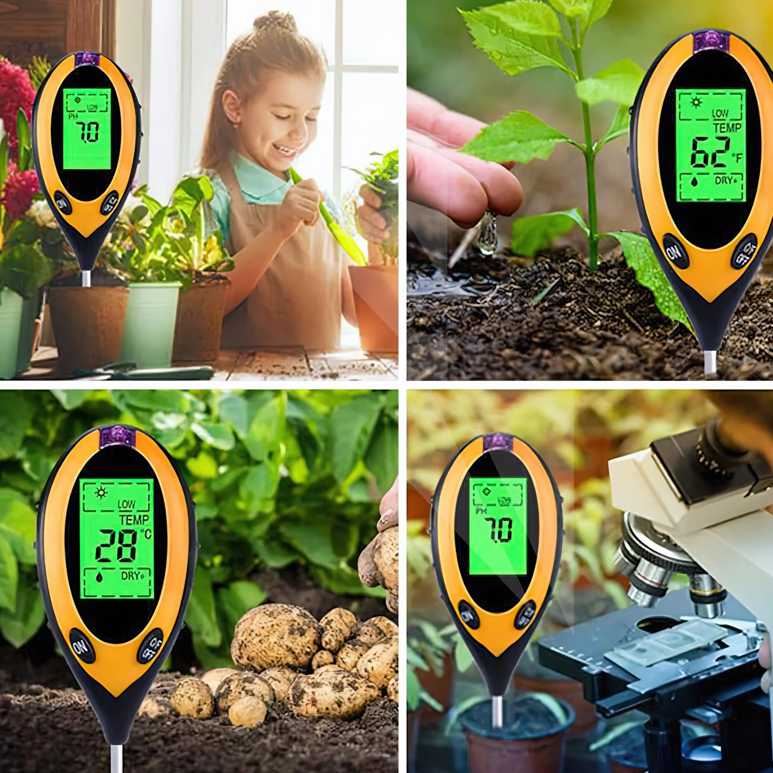 Retoo Pomiar wilgotności roślin 4 w 1, tester pH gleby, termometr i promieniowanie słoneczne, wyświetlacz LCD, wielofunkcyjny pomiar do ogrodnictwa
