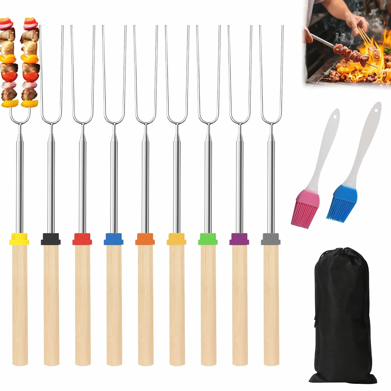 lafo 9 sztuk teleskopowych szaszłyków do grilla i marshmallow, wysuwane 30,5 – 80,5 cm, stali nierdzewnej trwałe szpikulce do grillowania