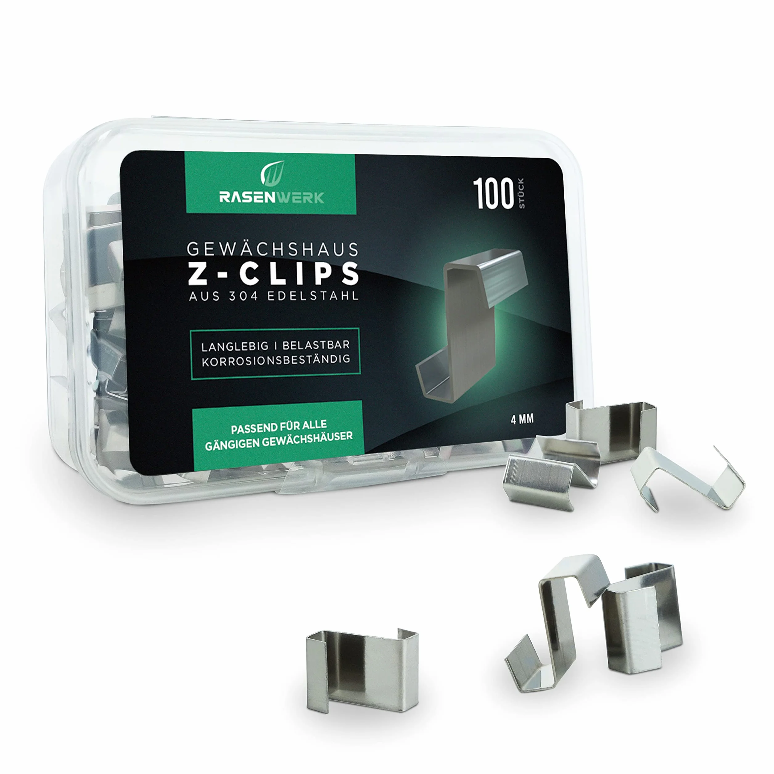 Klipsy Z do szklarni – 100 sztuk – ze stali nierdzewnej AISI 304 – do szklanych płyt szklarniowych o grubości maks. 4 mm – haki do płyt szklarniowych