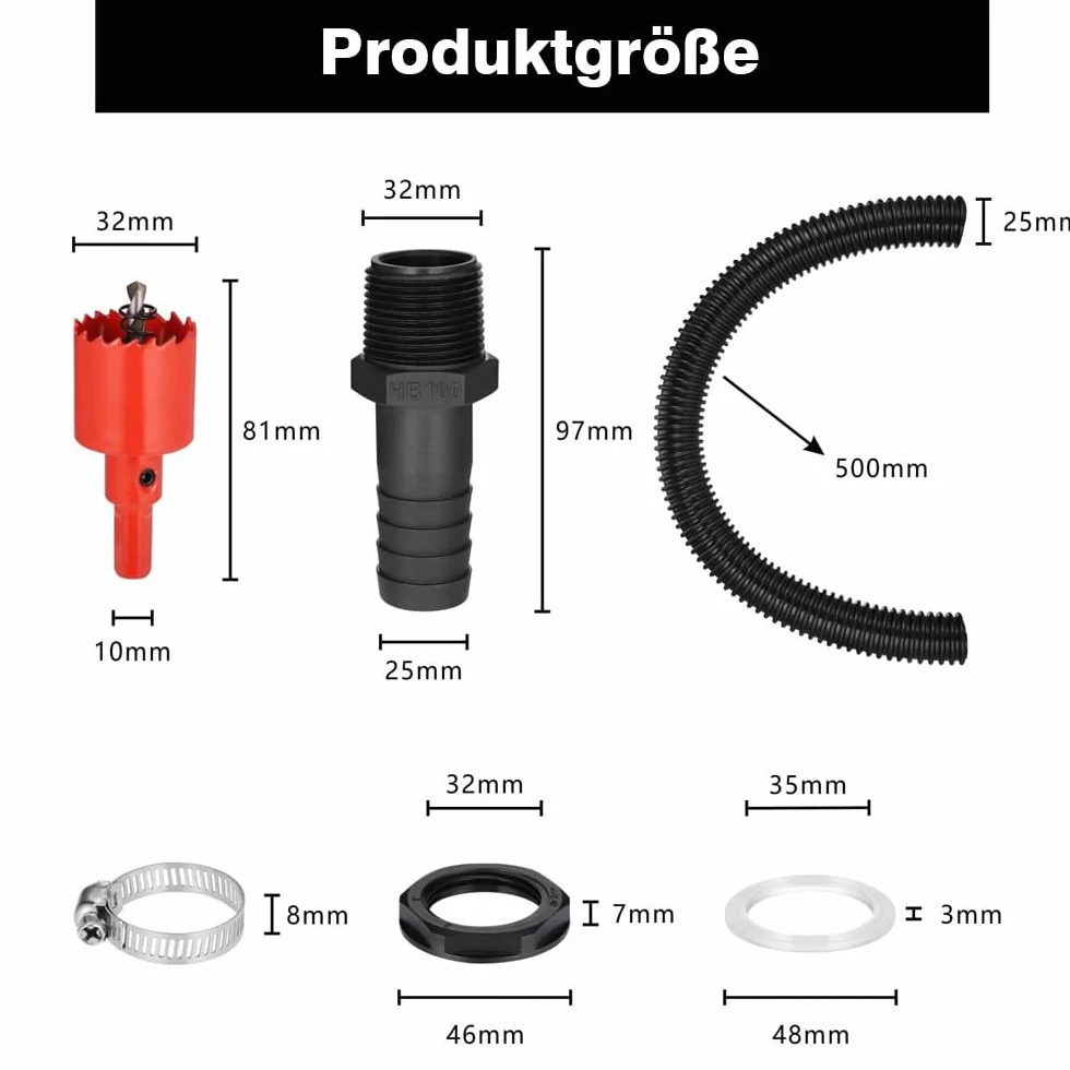 1 cal (25 mm) zestaw łączników do beczek na deszczówkę, wąż łączący 50 cm i 2 króćce do węża 25 mm z nakrętką zabezpieczającą do zbiorników na deszczówkę, cystern