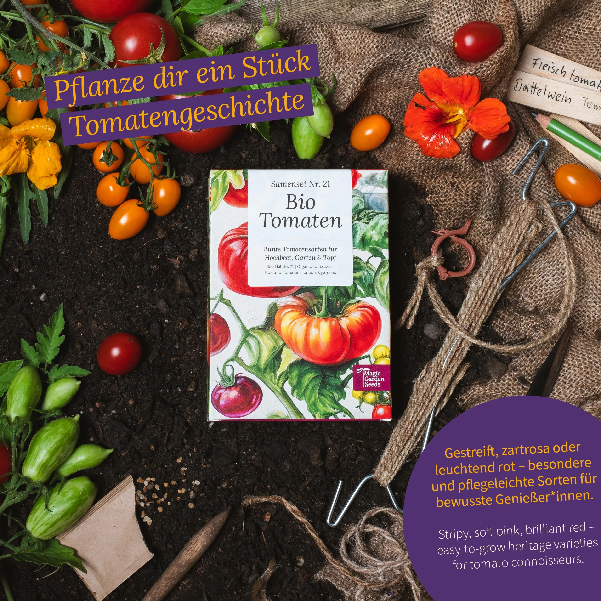 Magic Garden Seeds - Bio-opakowanie nasion pomidorów z 6 odmianami - historyczne, kolorowe pomidory do wysokiej grządki, doniczki i ogrodu - aromatyczne, odporne na nasiona i łatwe w pielęgnacji