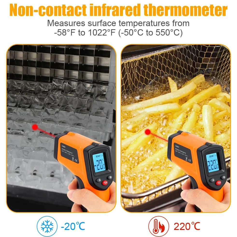 Termometr na podczerwień ABOHU, laserowy miernik temperatury(nie dla ludzi), cyfrowy pistolet laserowy do pomiaru temperatury, bezkontaktowy pistolet termometryczny do gotowania/grillowania/zamrażania