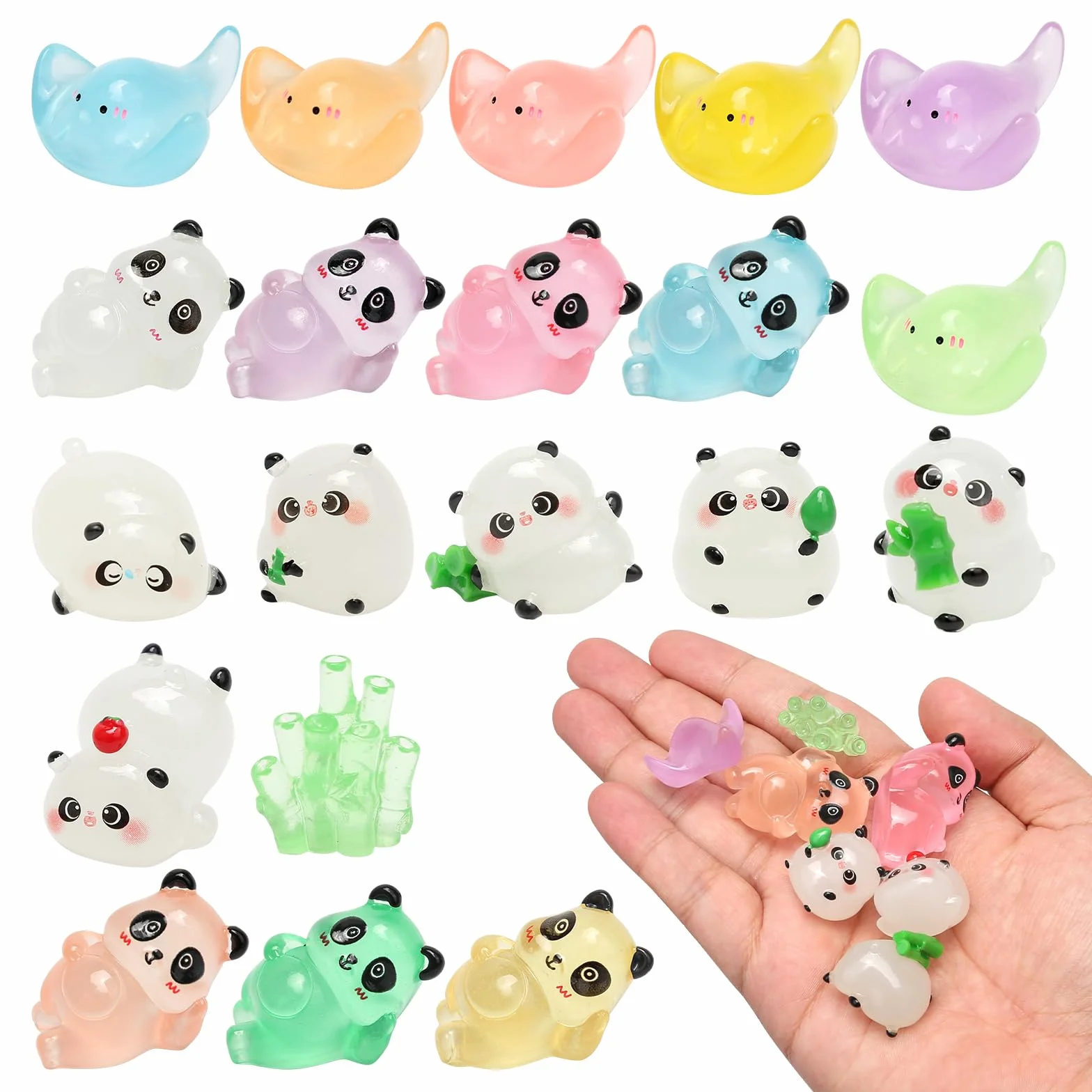 Mini zwierzęta z żywicy, 20 sztuk, zabawne mieszane małe zwierzęta z żywicy, urocze, świecące w ciemności, Manta, Ray, Panda, małe figurki, ornamenty do ogrodu wróżek, domku dla lalek, akwarium