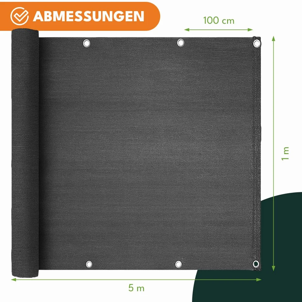 KRUMAD Osłona Balkonowa 1m x 5m, 95% Zacienienia, Ochrona Prywatności, PEHD 180g/m², Wodoodporna, Aluminiowe Przelotki, Trytytki, Sznurek