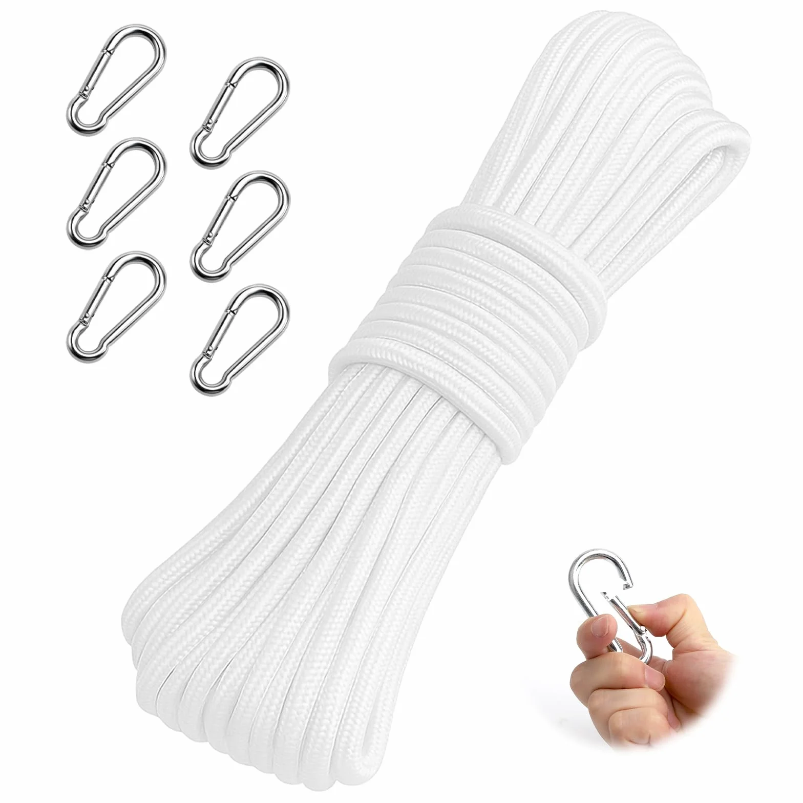 APOMOONS Corde Pour Drapeau 20 m 6 mm Polyester Résistant Avec Crochets Métal Jardin Camping Blanc