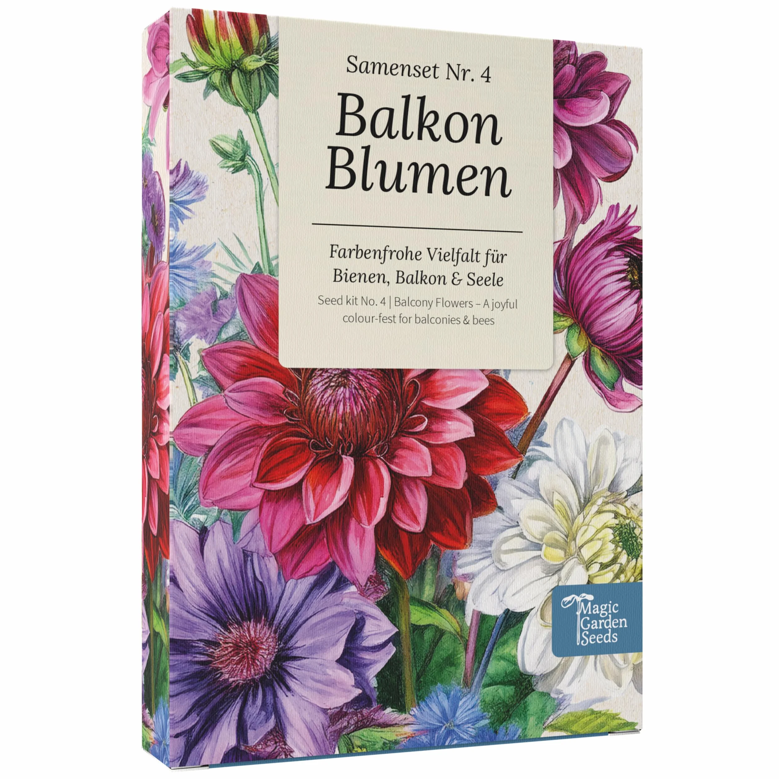 Magic Garden Seeds - Skrzynka z nasionami kwiatów balkonowych z 9 odmianami - letnie kwiaty i byliny na balkon i donice - przyjazne dla pszczół, pachnące i kolorowe - różnorodność kwiatów dla małych