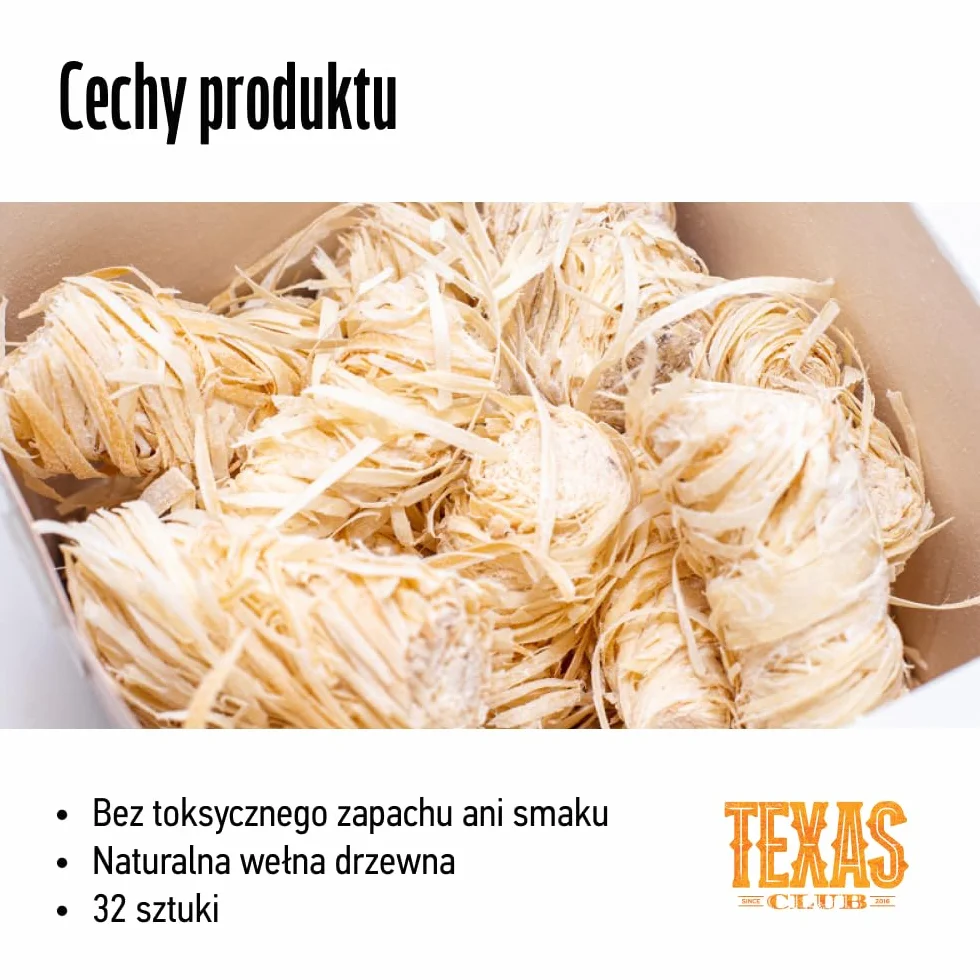 Texas Club Wood Wool Ekologiczne podpałki z przędzy i naturalnej wełny drzewnej do pieców, grilli, kominków, ognisk | Bezpieczny i łatwy w użyciu, długotrwałe spalanie, 32 sztuki