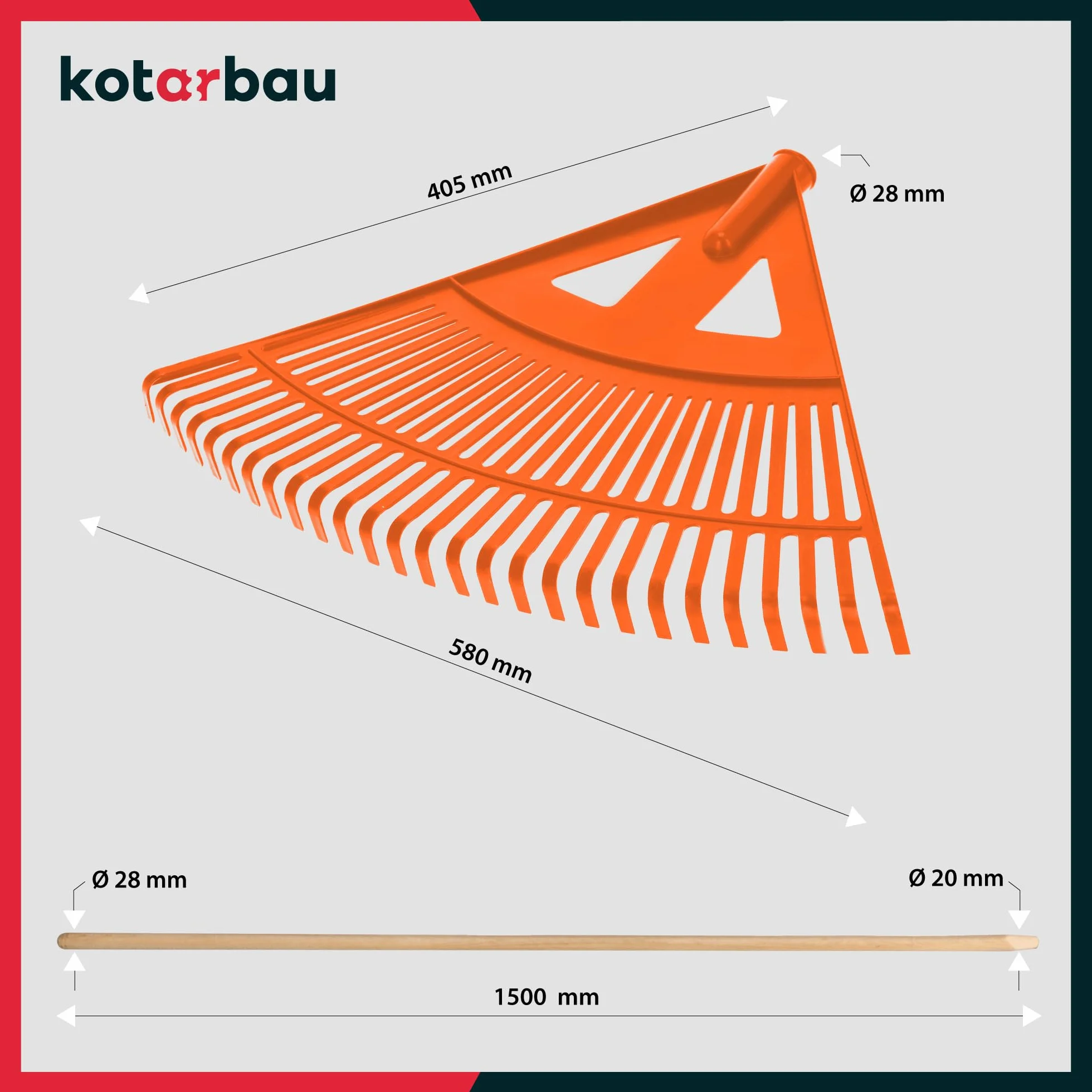 KOTARBAU® Grabie Wachlarzowe - 58 cm - Grabie do Liści Trawy - Plastikowe - Pomarańczowe - Drewniany Trzon