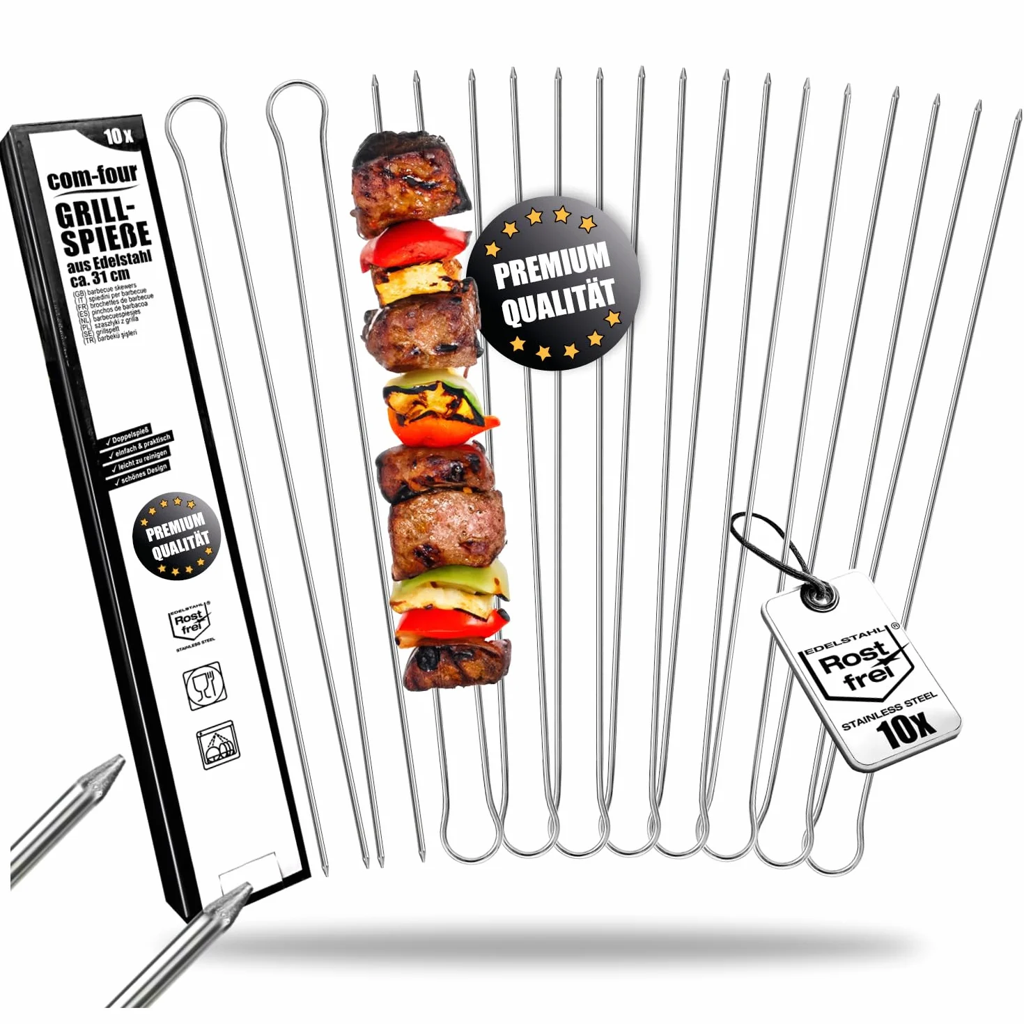 COM-FOUR podwójne szaszłyki grillowe ze stali nierdzewnej 31 cm 10 sztuk