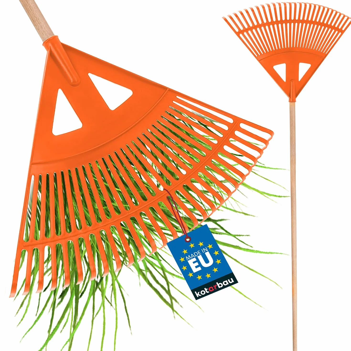 KOTARBAU® Grabie Wachlarzowe - 58 cm - Grabie do Liści Trawy - Plastikowe - Pomarańczowe - Drewniany Trzon
