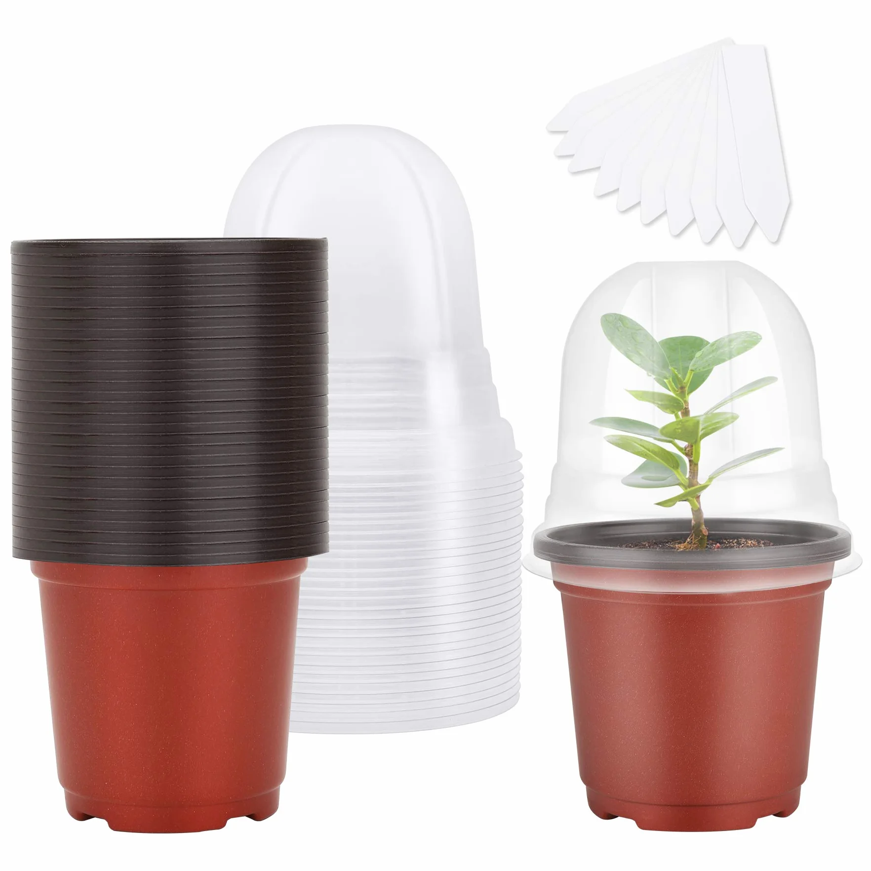 MIXC Doniczki do uprawy 30 sztuk 10 cm plastikowe z kopułą nawilżającą okrągłe z 10 nasadkami