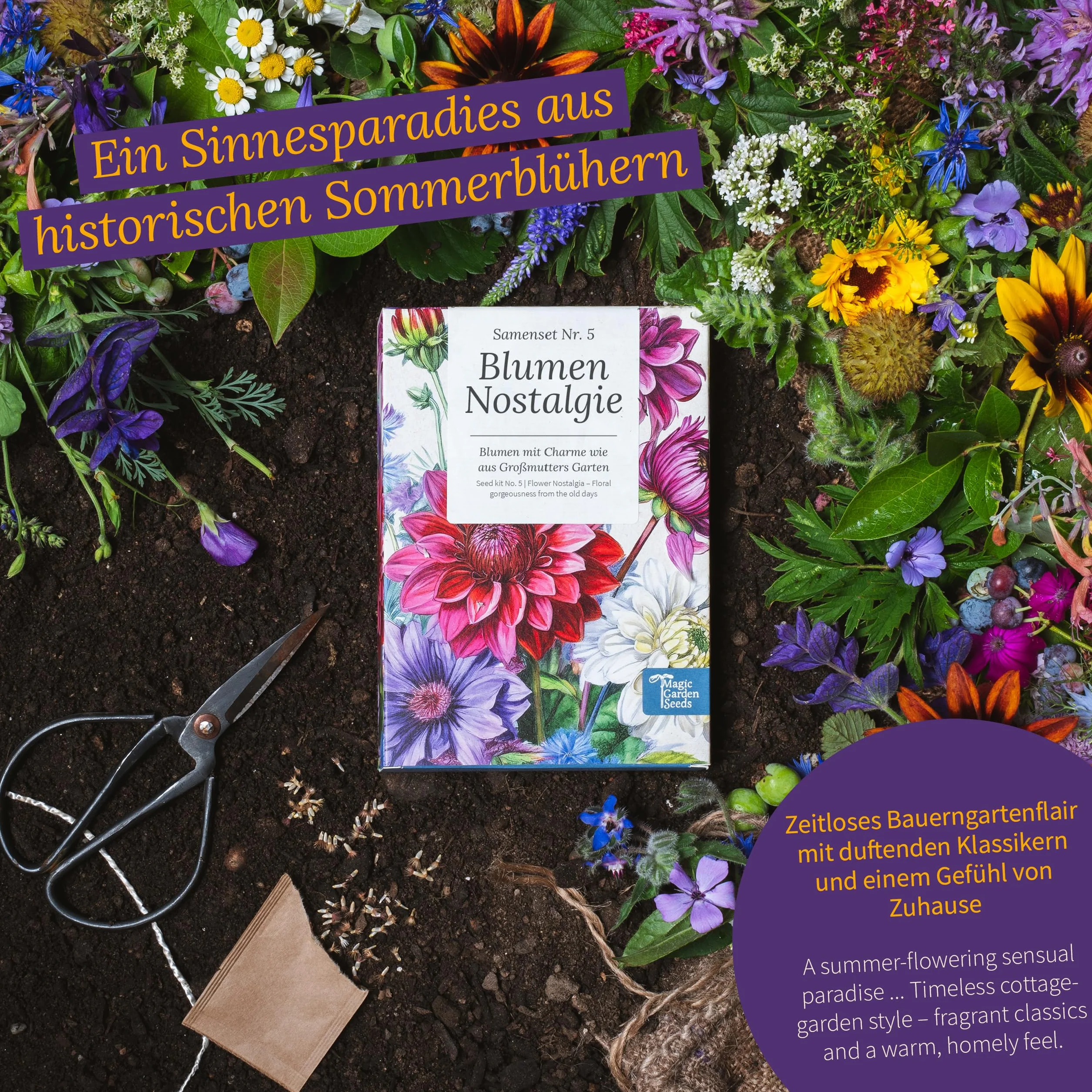 Magic Garden Seeds - Nostalgiczny zestaw nasion - 9 tradycyjnych letnich kwiatów w stylu ogrodu wiejskiego - pachnące, kolorowe i nostalgiczne - pomysł na prezent dla miłośników ogrodu