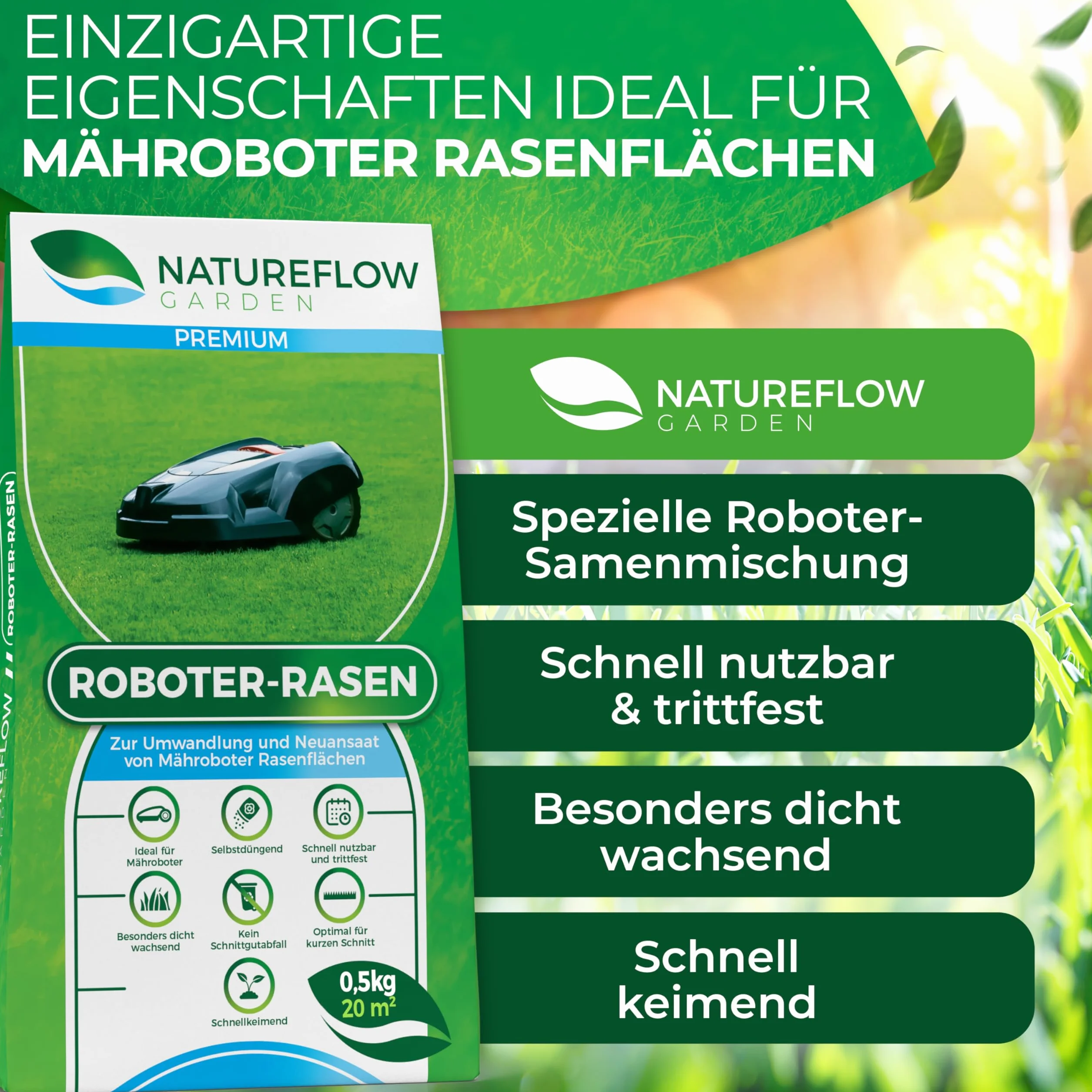 Nasiona trawy automatycznej, szybko kiełkujące, 0,5 kg, test bardzo dobry, wyprodukowano w Niemczech, do łatwego w pielęgnacji ogrodu z nasionami trawnikowymi Natureflow