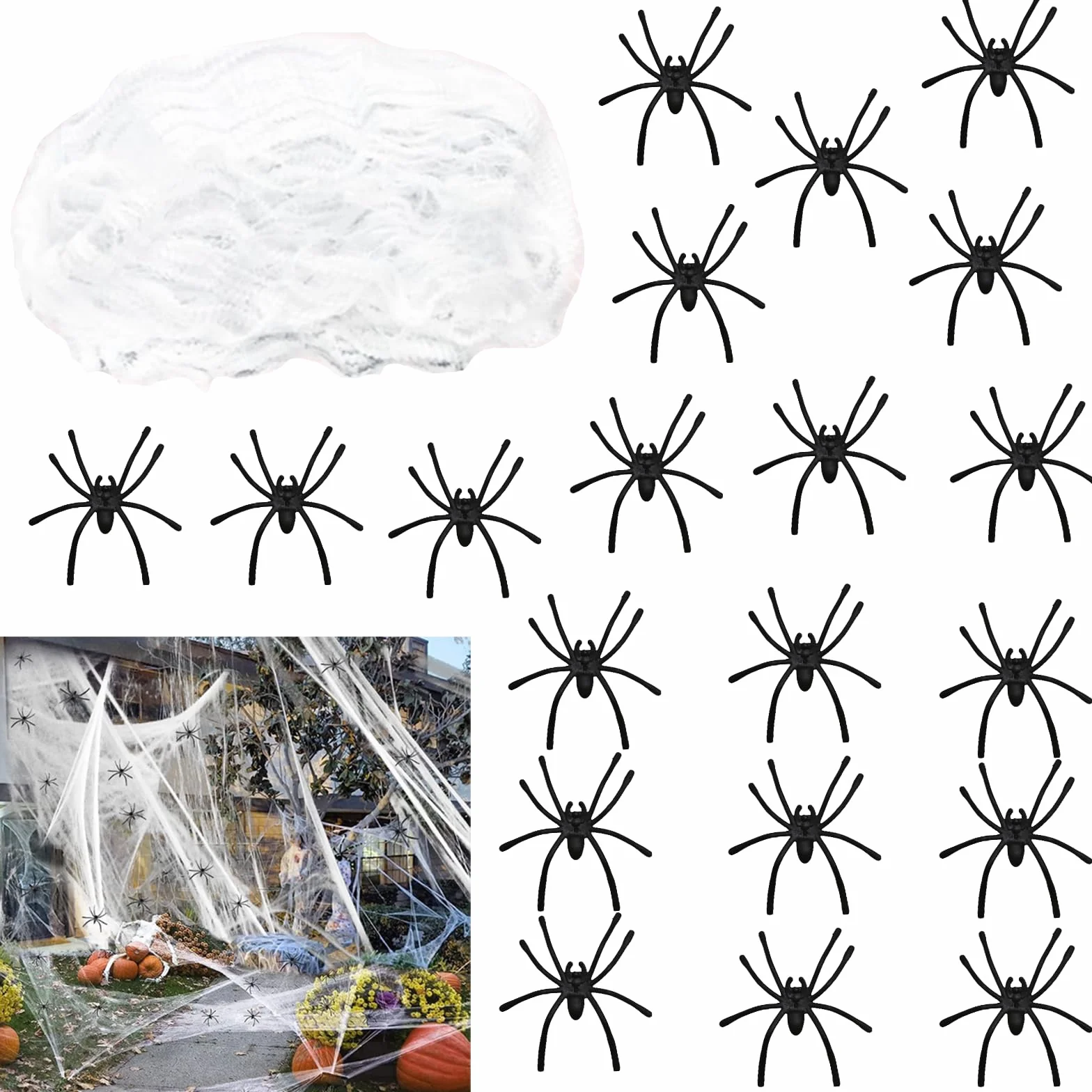 GWAWG Halloween pajęczyna 120 g, straszna dekoracja z 40 plastikowymi pająkami do domu, ogrodu lub na imprezę, dekoracja halloweenowa, pokrycie 40m²