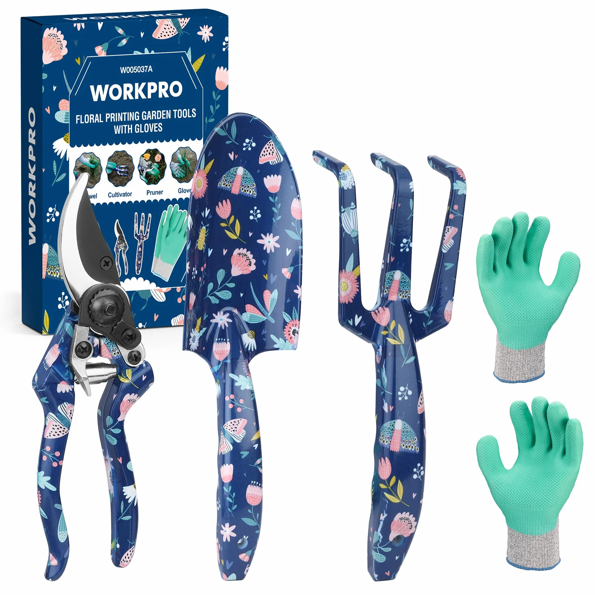 WORKPRO Zestaw 4 sztuk narzędzi ogrodniczych, narzędzia ręczne ze stali nierdzewnej z ergonomicznym uchwytem, w tym sekator, kiełnia, widelec ręczny i rękawice ogrodnicze - niebieskie