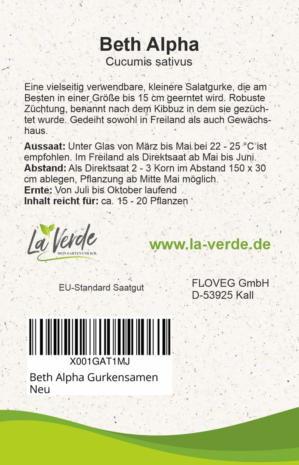 La Verde MEIN GARTEN UND ICH. Beth Alpha nasiona ogórków na ok. 15-20 roślin, kompaktowy ogórek sałatkowy do 15 cm, wytrzymały i wszechstronny, materiał siewny bez inżynierii genetycznej
