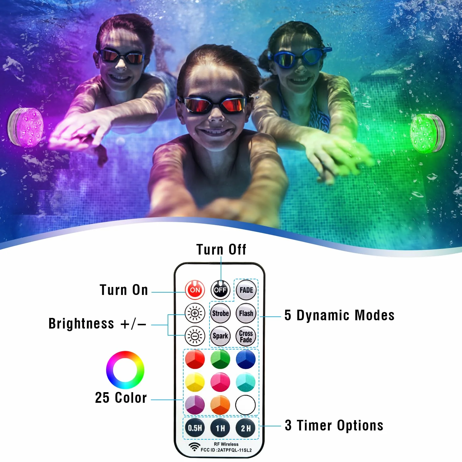 Qoolife USB Rechargeable Underwater Light Wireless Signal WRGB 3.3" Magnetic Colourful LED Submersible Lights for Bathtub, Aquarium, Pool, Pond, Decor, Spa, Christmas -1 sztuka