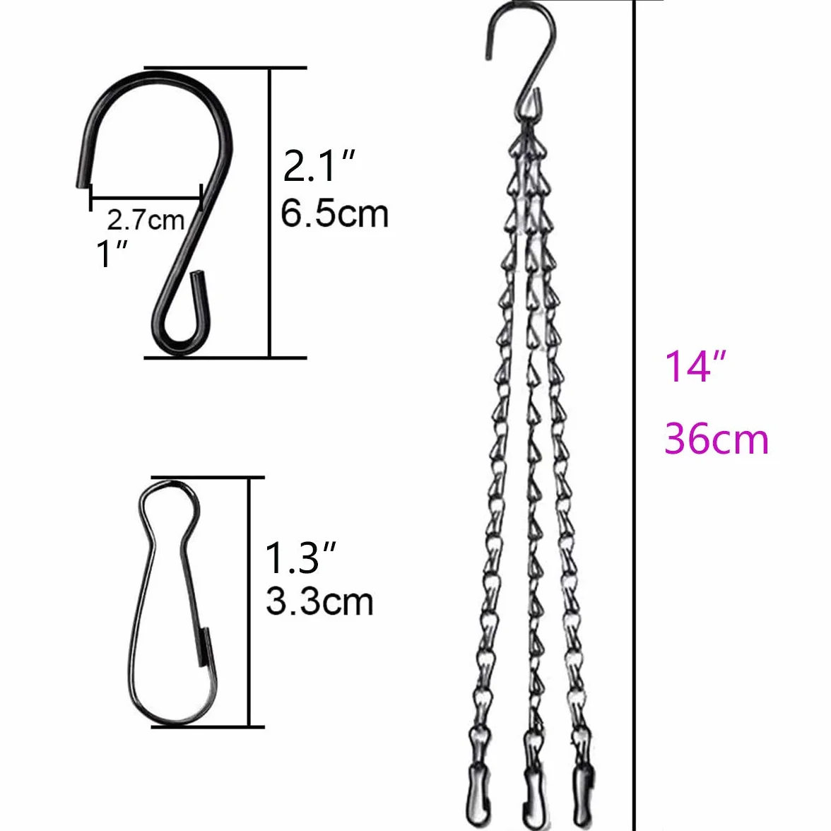 Czarne wytrzymałe wiszące łańcuchy do kosza, 3 punkty, 36 cm, metalowy łańcuch zastępczy do wiszącego kosza, karmnik dla ptaków, doniczki i ozdoby