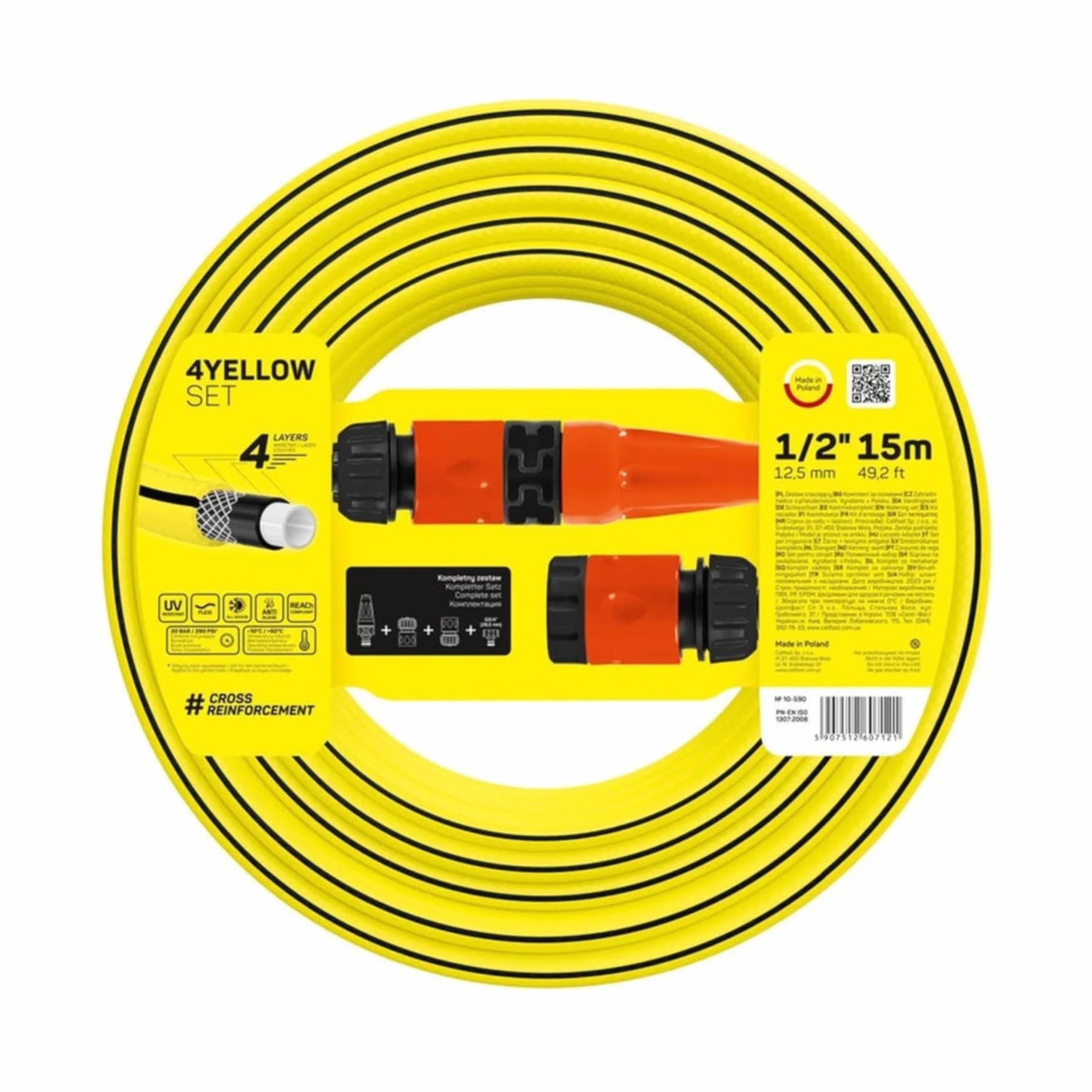 Cellfast Zestaw Wąż Ogrodowy YELLOW, Lekki, Wytrzymały, 4-Warstwowy, Zraszacz, Odporny na UV i Glony, odporność na skręcanie, Technologia REACH, 20 Bar, -10/+50°С temp. 1/2", 15m