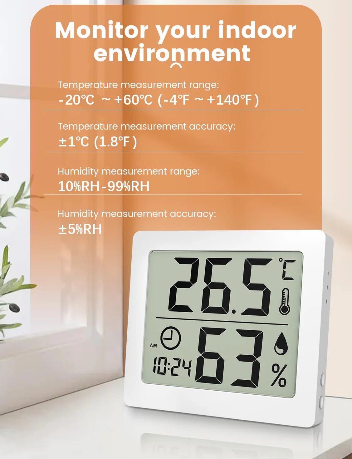 Higrometr wewnętrzny termometr 3,1 cala Duży ekran LCD Monitor temperatury i wilgotności otoczenia Termohigrometr z zegarem (biały)