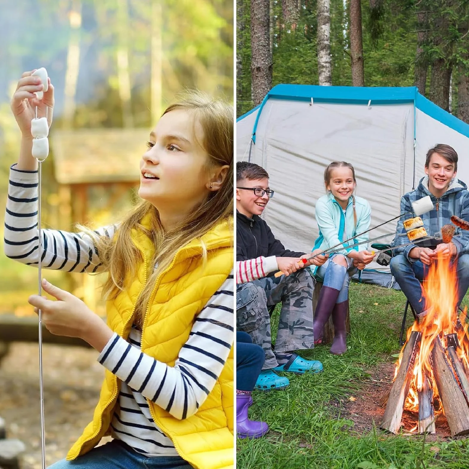 8 Sztuk Szpikulce do grilla i ogniska ze stali nierdzewnej, teleskopowe Kije ogniskowe 30–81 cm