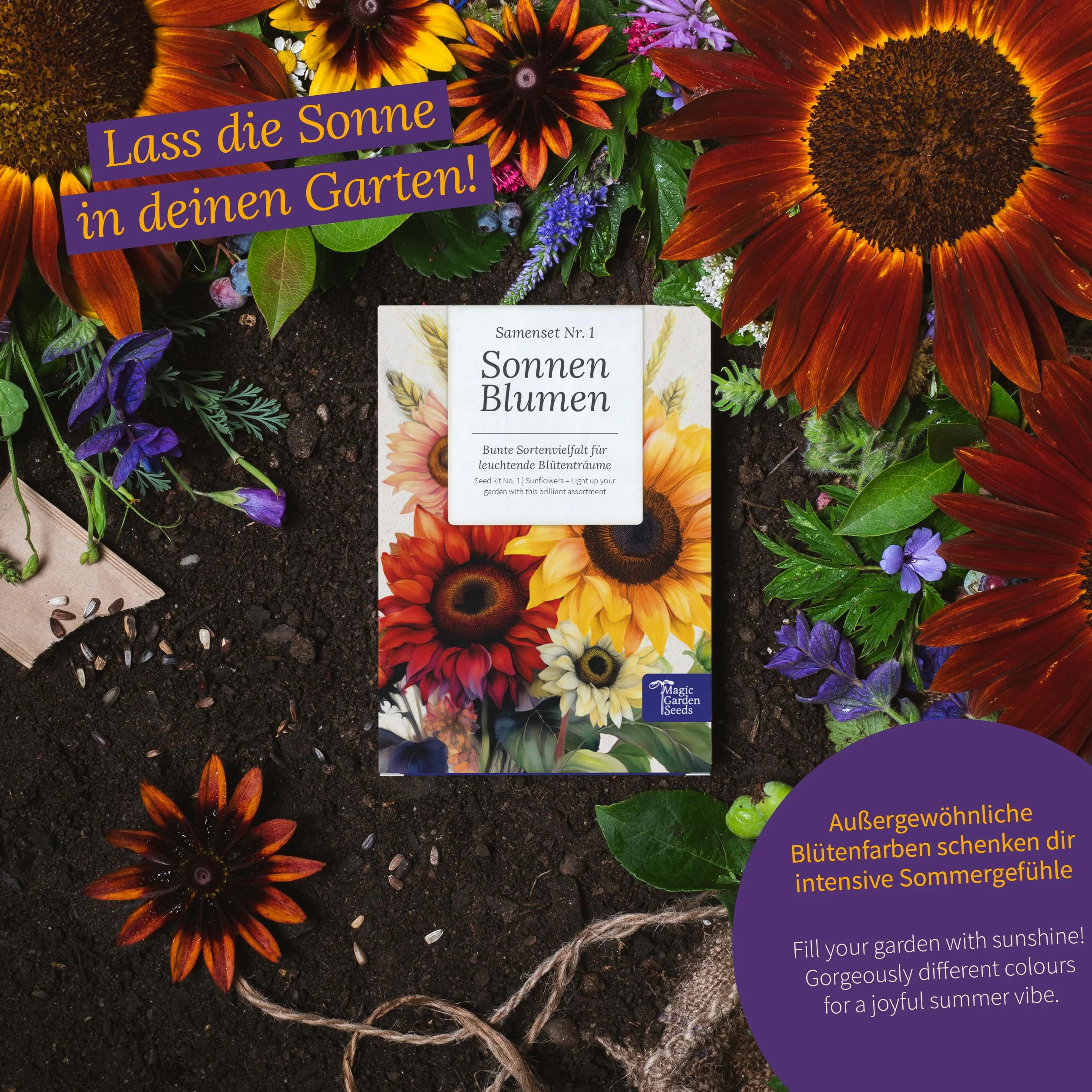Magic Garden Seeds - Pudełko na nasiona słoneczników z 6 rodzajami – kolorowe i klasyczne słoneczniki do ogrodu, na doniczkę i balkon – wystarczy wysiewać i cieszyć się kwitnącą radością